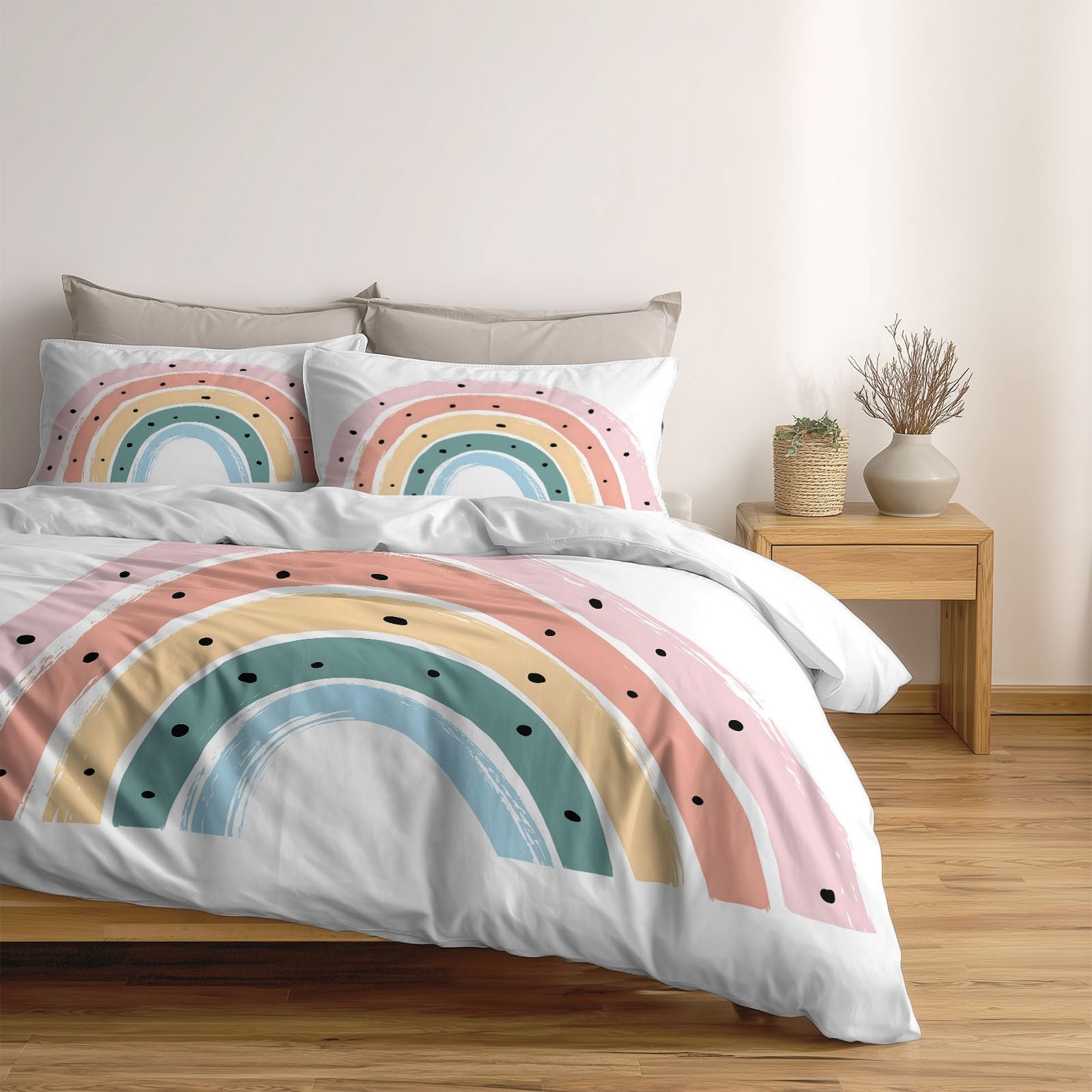 Schlicht Regenbogen Geometrische Textur 3-teiliges Bettwäsche-Set, 1 Bettbezug 180 x 200 cm und 2 Kissenbezüge 80 x 80 cm,aus bügelfreier Mikrofaser Weiß