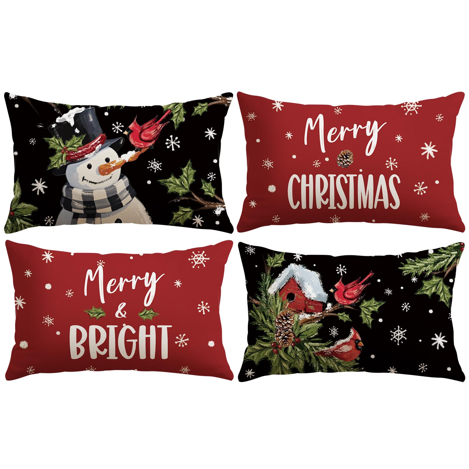 JOTOM Christmas Cushion Covers 30x50 cm Set of 4 Snowman Winter Red Bird Decorative Throw Pillow Covers Sofa Cushion Cases Xmas Decoration for Home Couch Bed Decor (Snowman Bird Red)