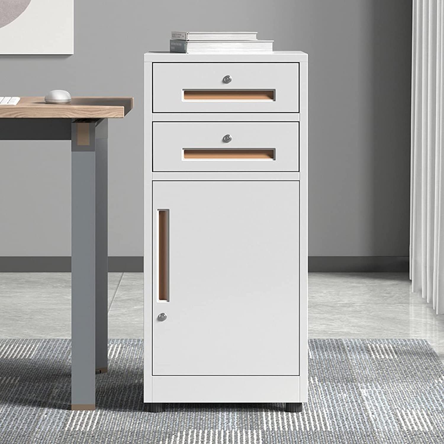 Aktenschrank mit 2 Schubladen, vertikaler Aktenschrank aus Metall und Stahl mit Schloss, komplett montiert, geeignet für Aktenschränke im Home-Office, Blanc,Blanc