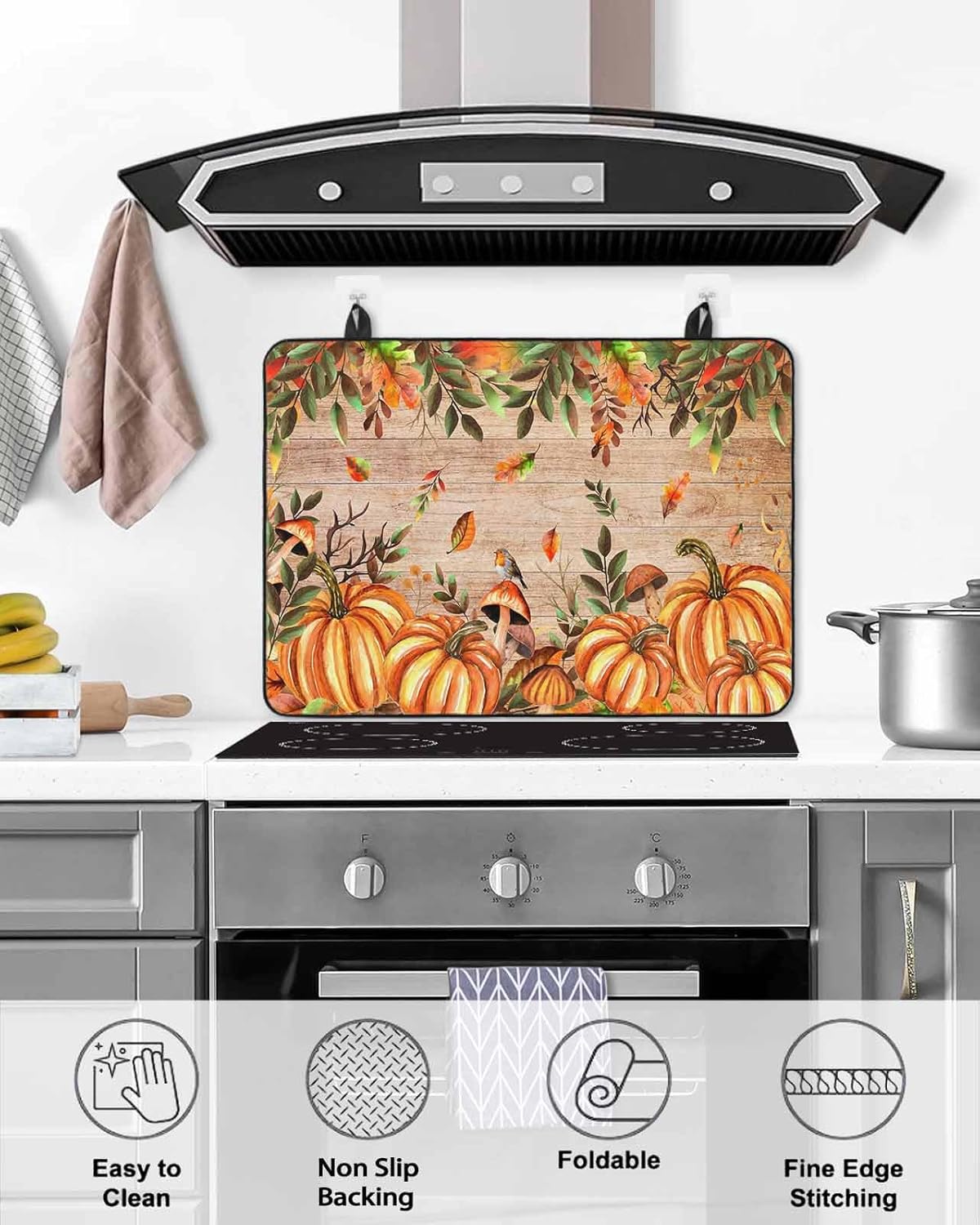 Fall Stove Cover for Electric Stove, Mushroom Cute Hedgehog Pumpkin Maple Leaves Stove Top Cover for Glass Top, Heat Resistant Rubber Mat Foldable Cooktop Cover Top Protector, 24"x21"