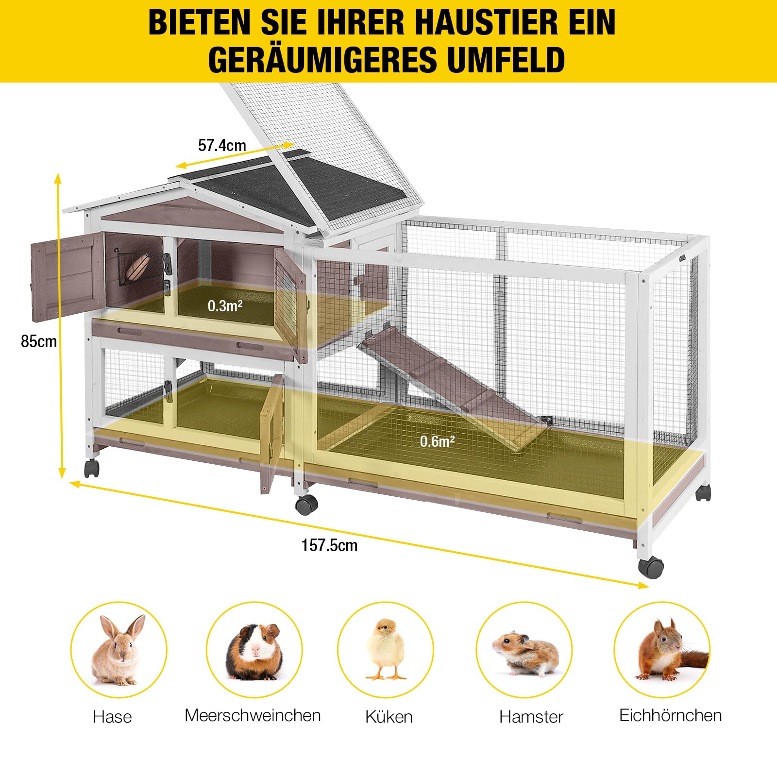 Aivituvin Hasenstall, Kaninchenstall für drinnen und draußen, Kaninchenkäfig auf Rädern, kleintierstall mit 3 tiefen, auslaufsicheren Ablagen, wasserdichtes Dach (Braun)