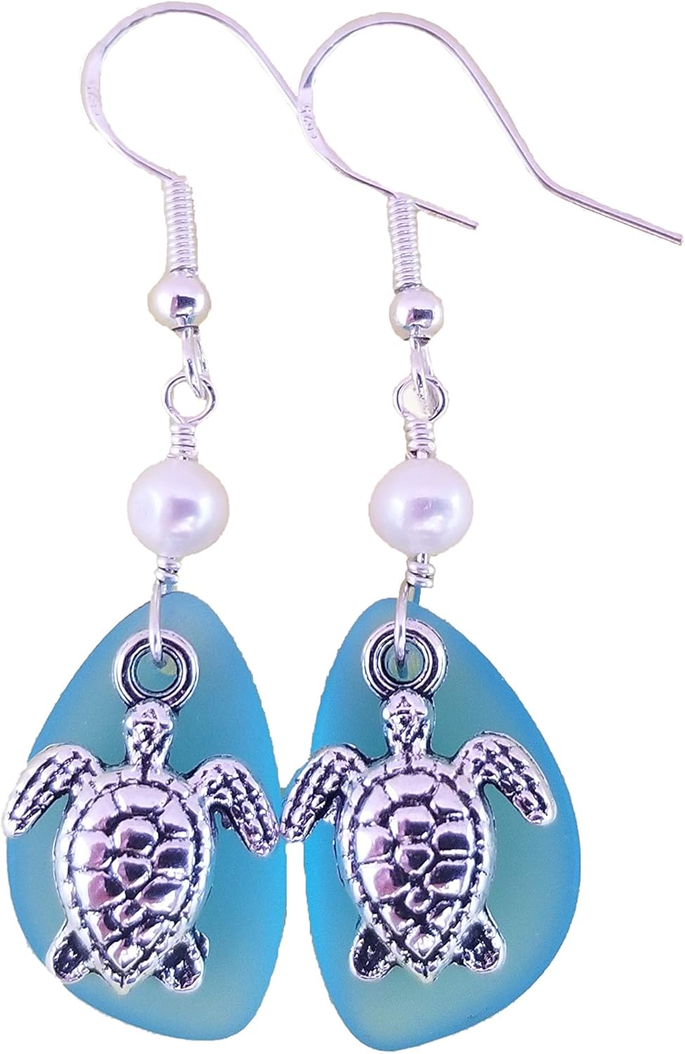 Handmade in Hawaii,"Twin Turtles" Turquoise Bay blue sea glass earrings, Natural pearls,"December Birthstone",(Hawaii Gift Wrapped, Customizable Gift Message)