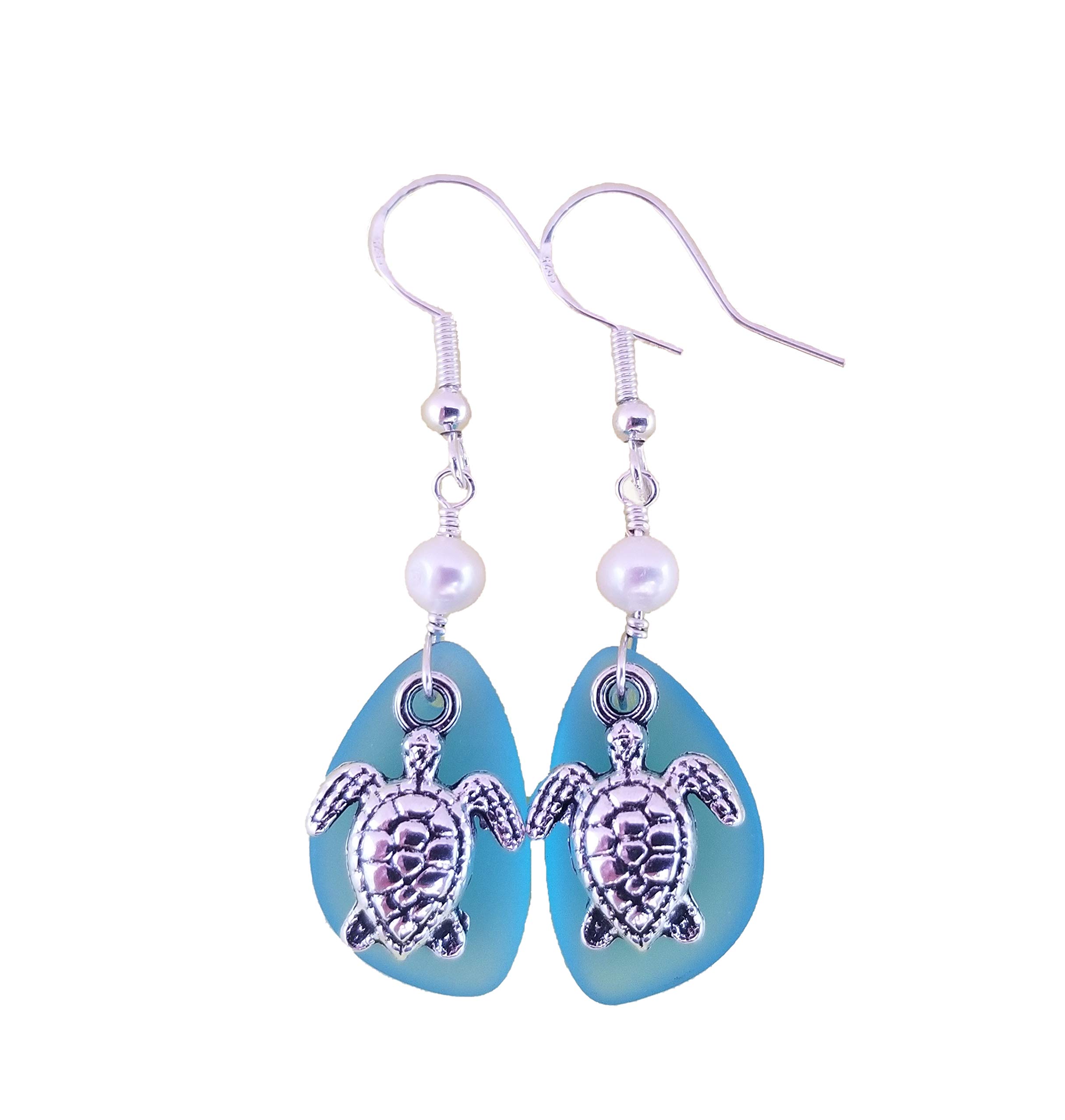 Handmade in Hawaii,"Twin Turtles" Turquoise Bay blue sea glass earrings, Natural pearls,"December Birthstone",(Hawaii Gift Wrapped, Customizable Gift Message)