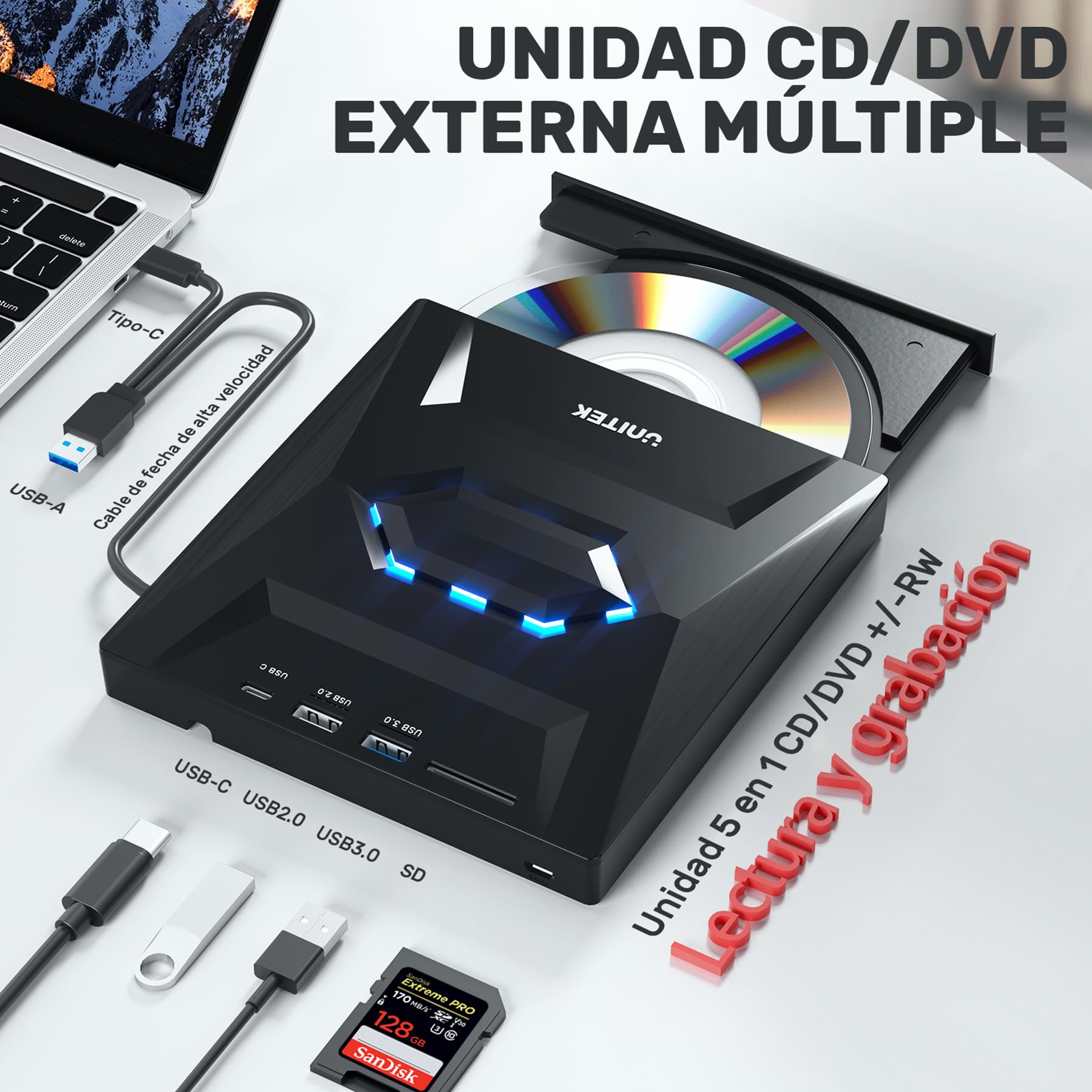 Unitek Unidad externa de CD y DVD,USB C portátil CD/DVD +/-RW,reproductor de DVD con lector de tarjetas SD,USB 3.0, USB C,grabadora de CD ROM compatible con laptop,PC,Windows,Linux,OS, Surface (Negro)