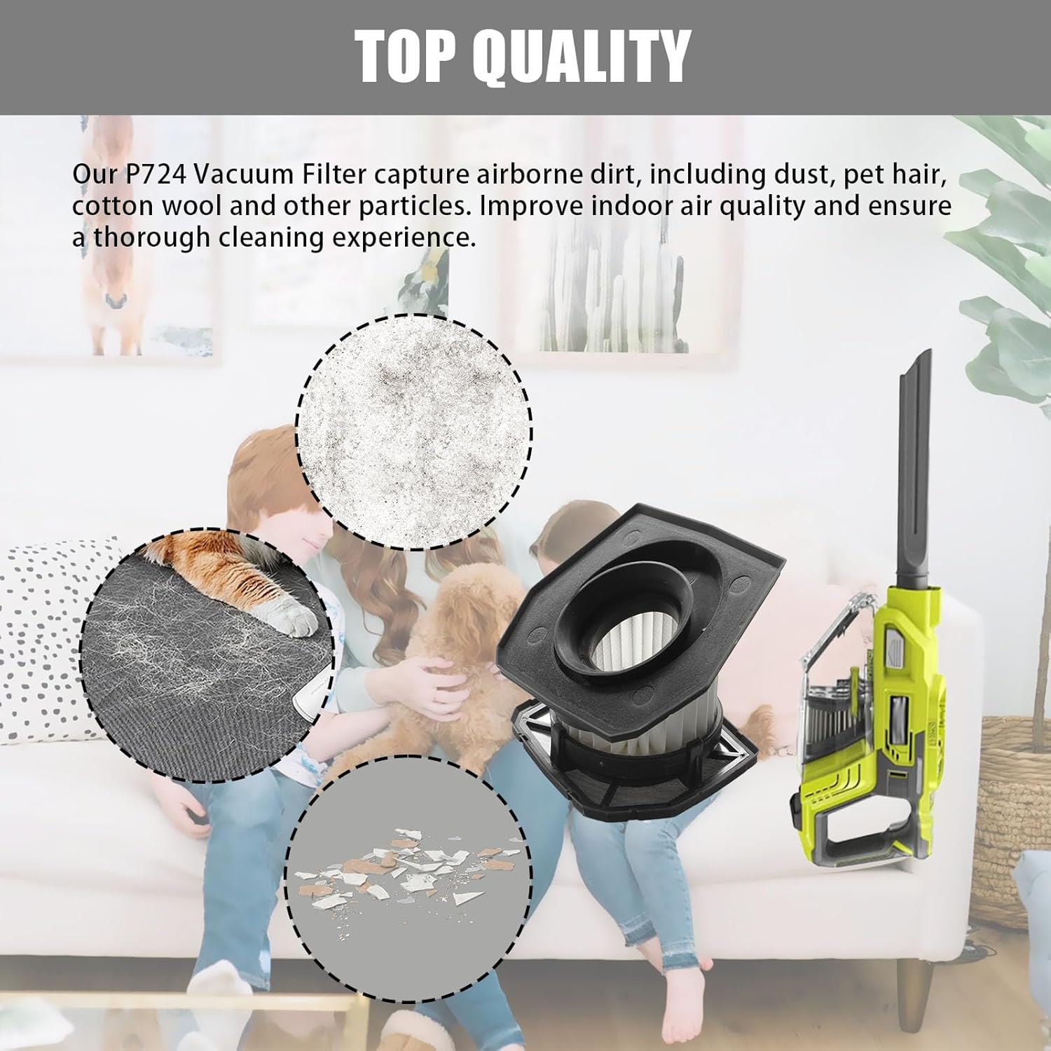 For Ryobi Vacuum Filter 2 HEPA Replacement Filters and 1 brush for RYOBI 18V ONE+ Compact Stick Vacuum P724/P724B (Replaces 206700006)