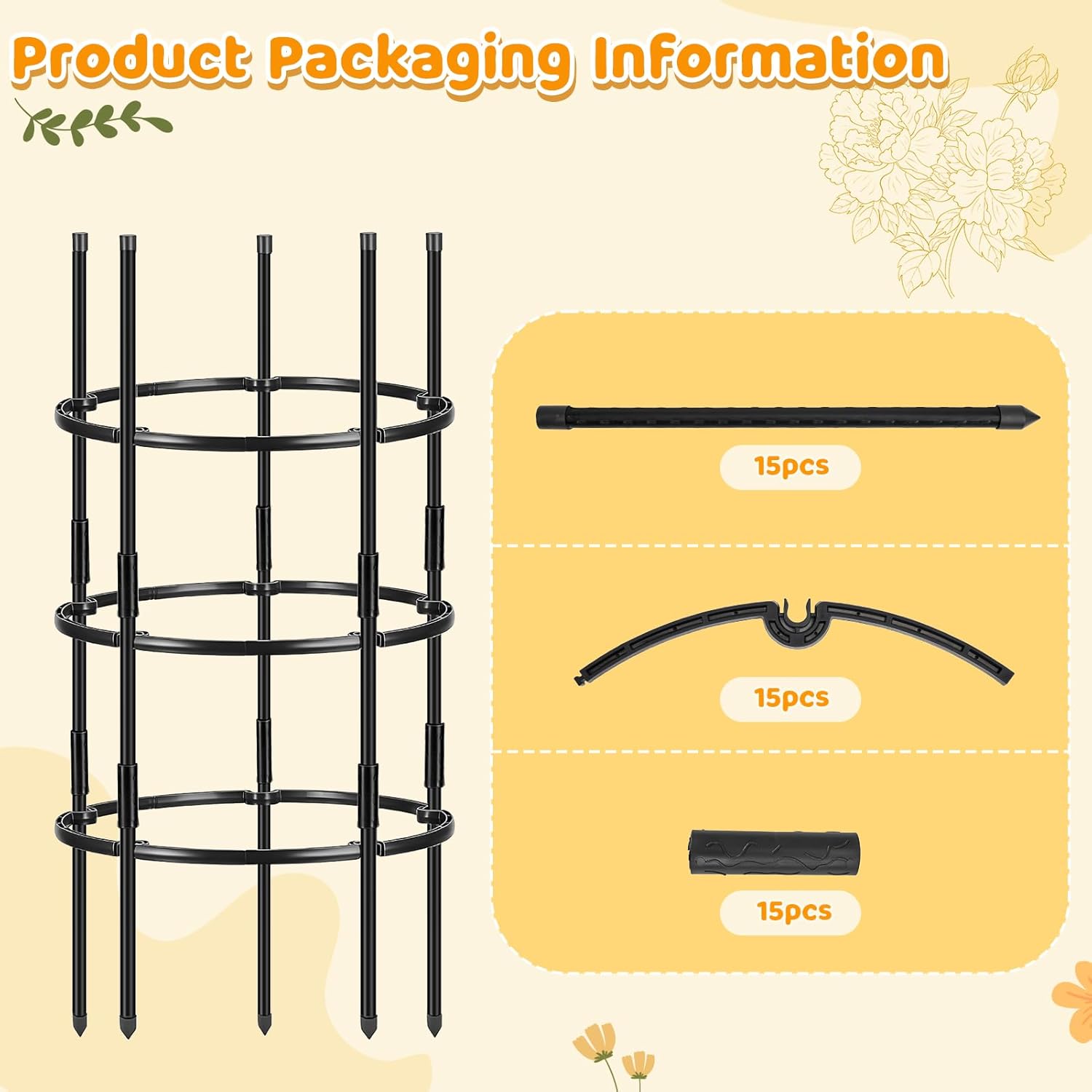 2PCS 19.5" D x 39" H Peony Plant Support Cage, 3 Tier Stackable Plant Support Ring, Metal Core with PVC Coated Stakes, Garden Plant Support for Peonies Tomatoes and Climbing Plants