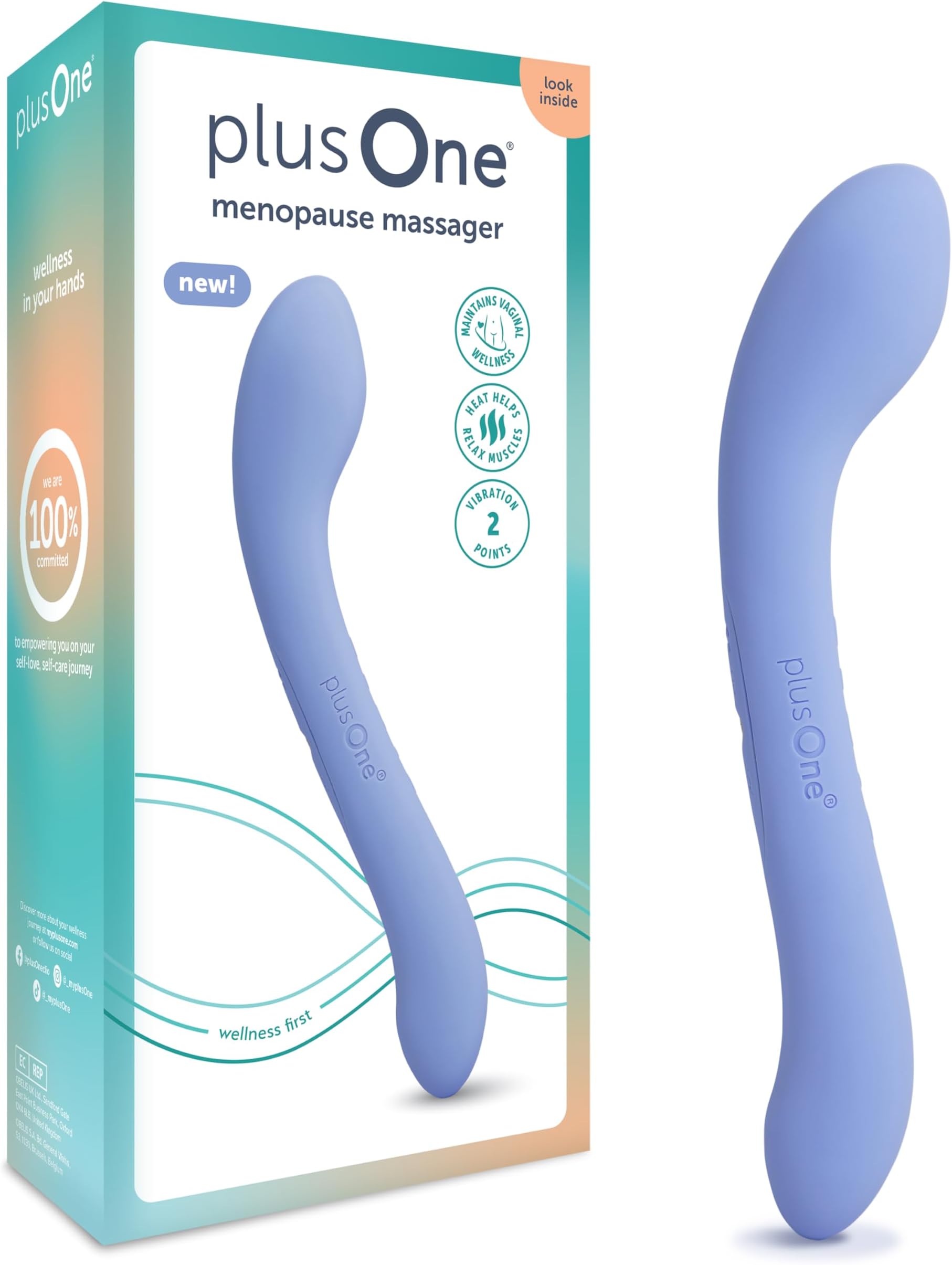 plusOneMenopause Care Massager, Perimenopause & Menopause Relief with 10 Vibration Settings and Heat Mode, Dual-Sided, Rechargeable, Waterproof