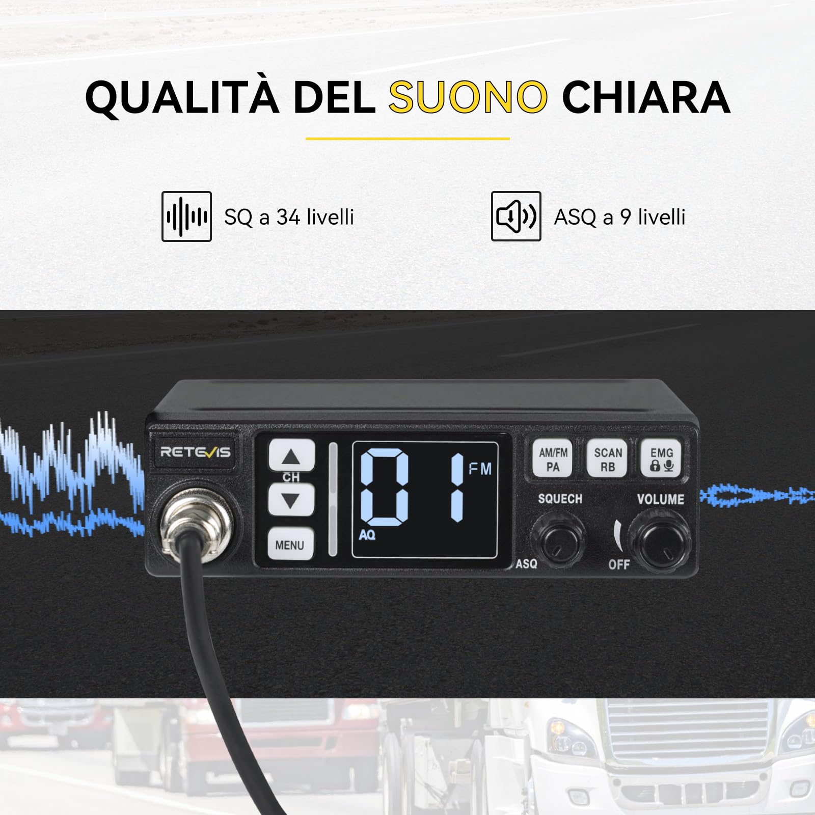 Retevis MB63 Radio CB Kit Completo con Antenna, Display LCD, AM/FM, ANL, Funzione PA, VOX, SQ/ASQ, EMG CH9/19, CB Radio Mobile per Auto (1 Pz, Nero)