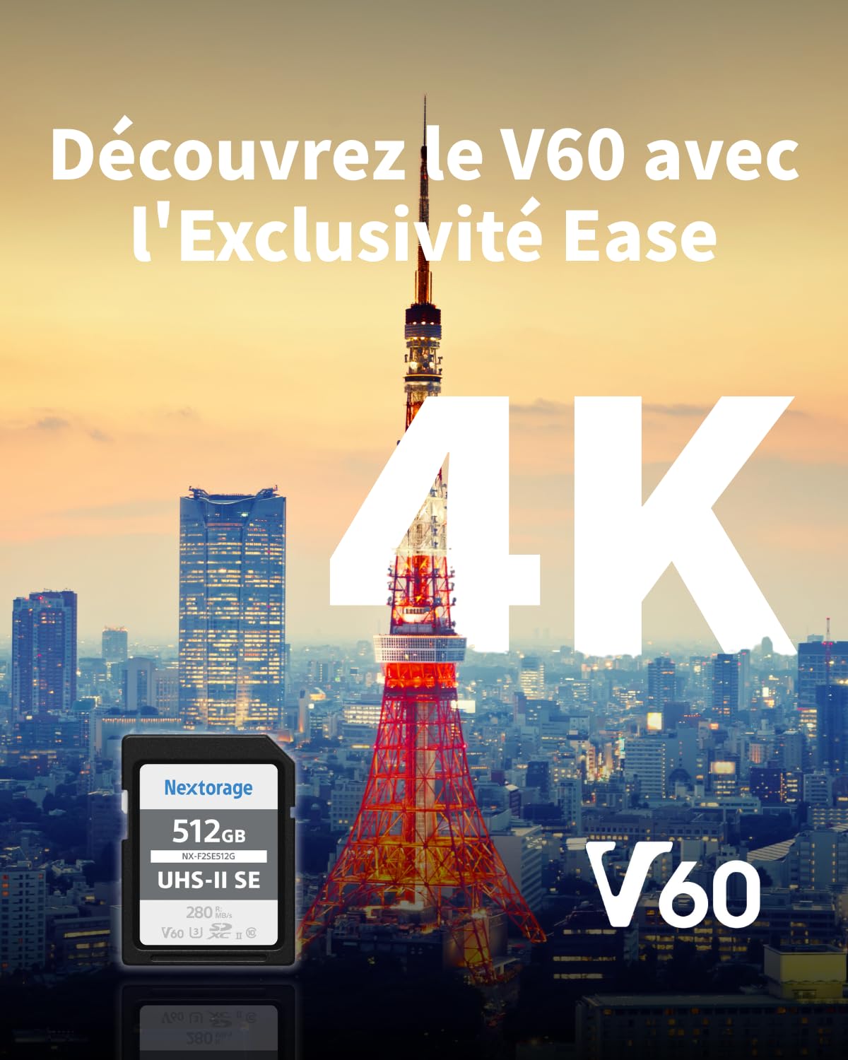 Nextorage Marque Japonaise Carte SD UHS-II 256Go SDXC V60 Vitesse de Lecture maximale 280MB/s Vitesse d'écriture maximale 170MB/s Enregistrement 4K NX-F2SE256G Carte mémoire