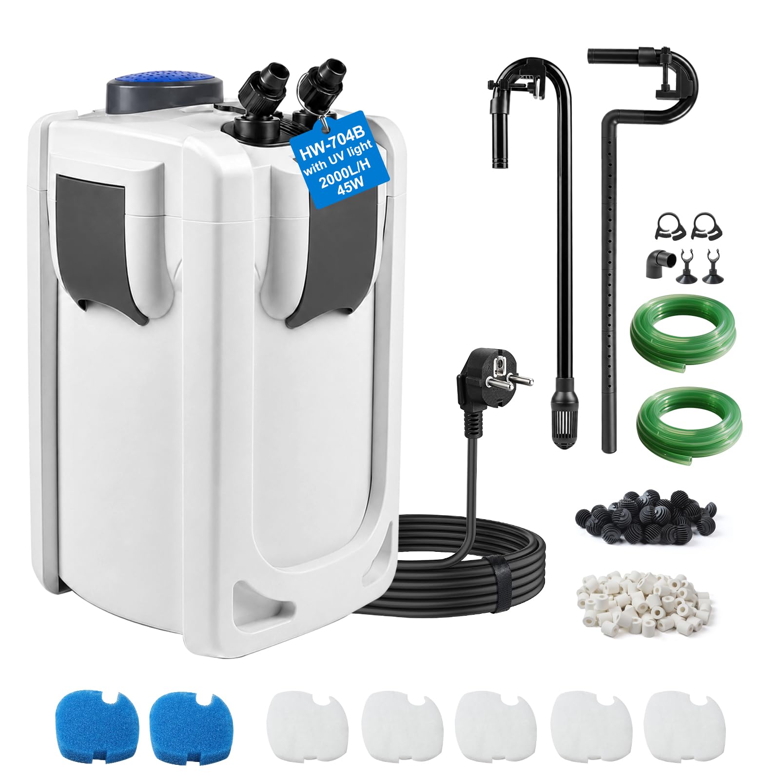 EXLECO Filtre UV 9W Externe Aquarium 2000L/H 45W Pompe D'aquarium Réglable avec Matériau Filtrant, Filtre Bassin Poisson Silencieux avec 3 Étapes de Filtration HW-702B