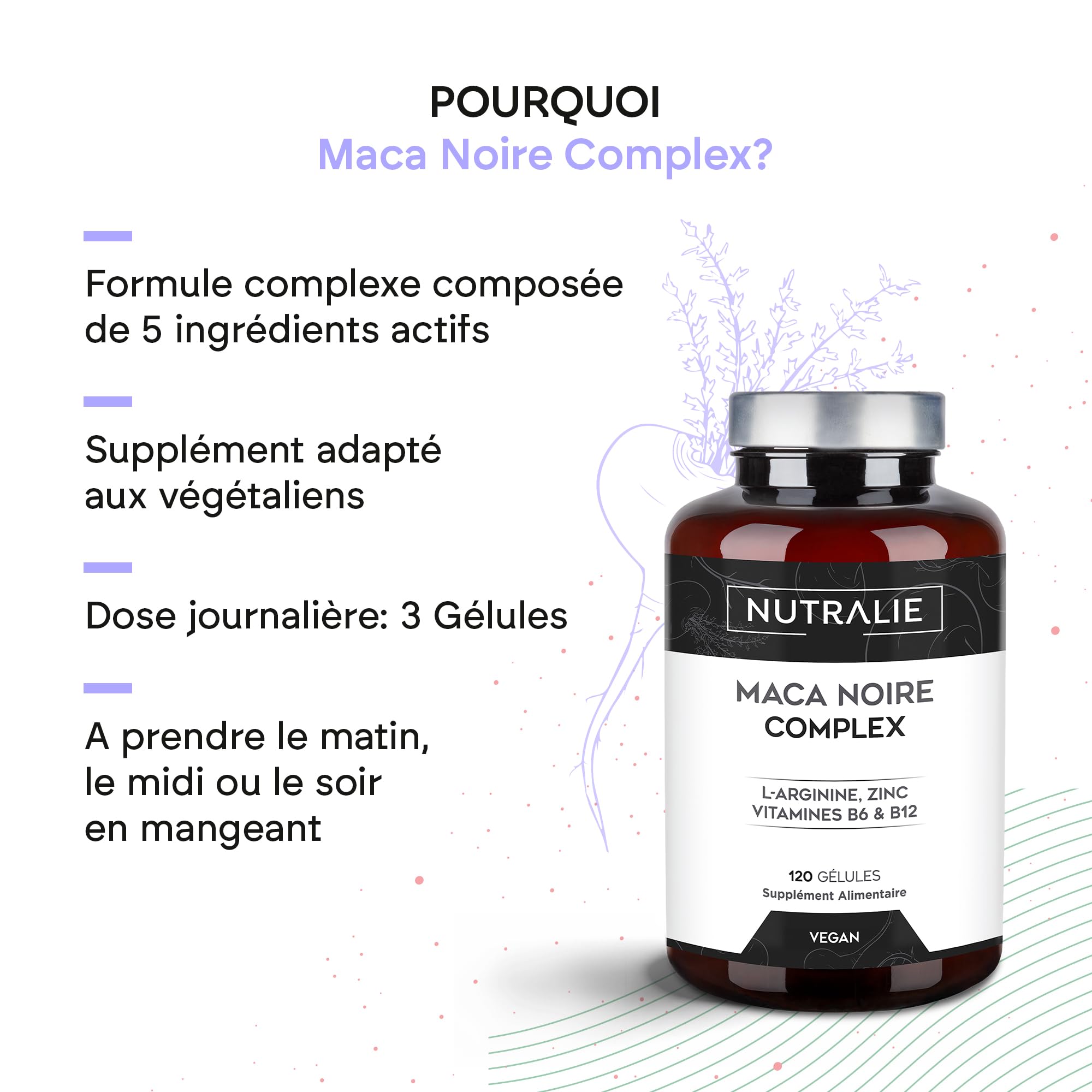 Maca Negra Andina 32 000 mg - Puissance 20:1 et Énergie avec L-Arginine Zinc B6 B12 - Macapéruvienne pour hommes et donnes - 120 gélules Black Maca Complex Nutralie
