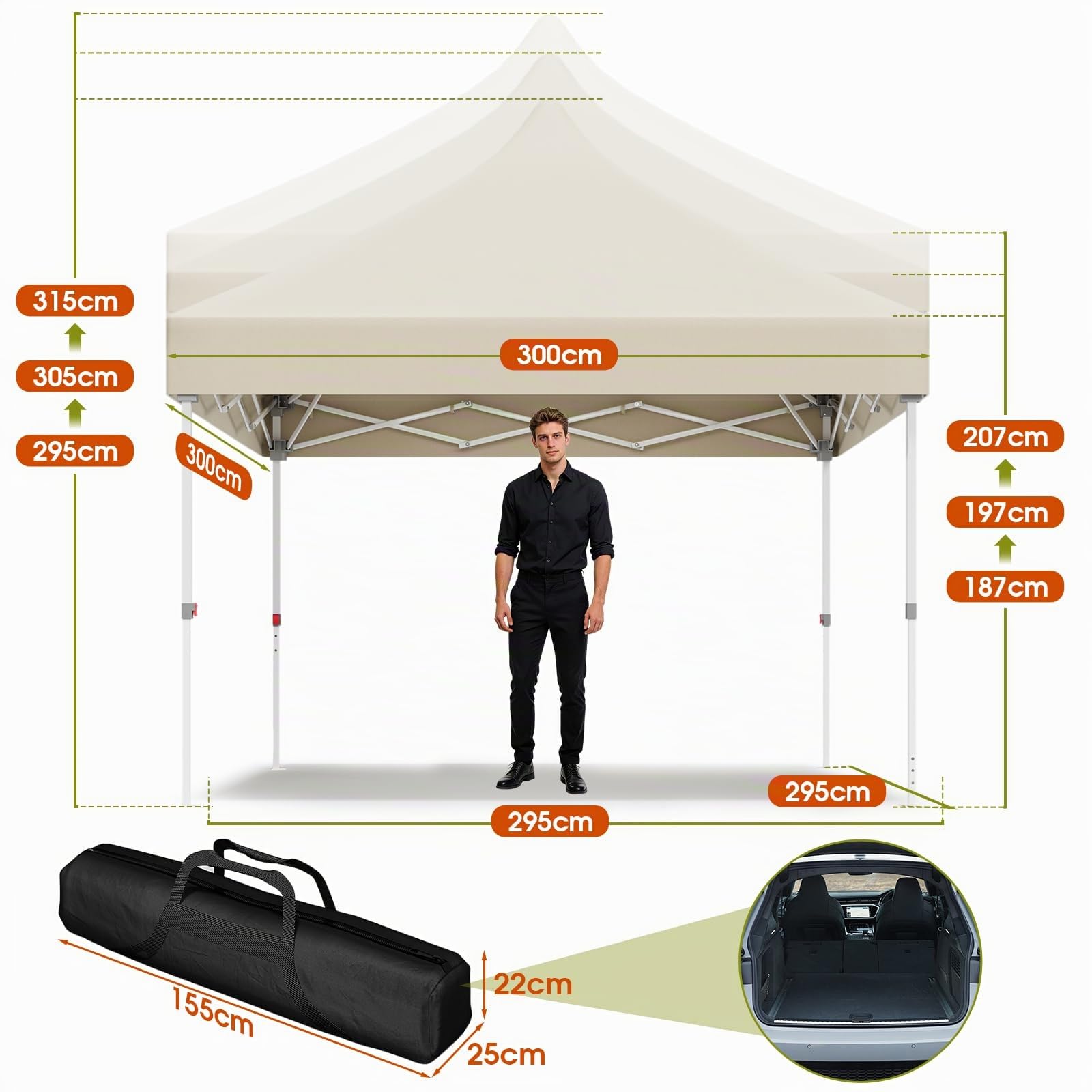 JUMMICO Tonnelle 3x3m Pliante +10cm Hauteur Intérieure - Beige | Toile Oxford Imperméable, Robuste et Durable - Tente de Fête Élégante - Idéale Jardin, Camping et Fêtes