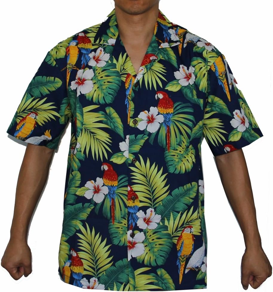 Made in Hawaii ! Men's Hibiscus Parrots Hawaiian Luau Cruise Aloha Shirt (XL, Navy)