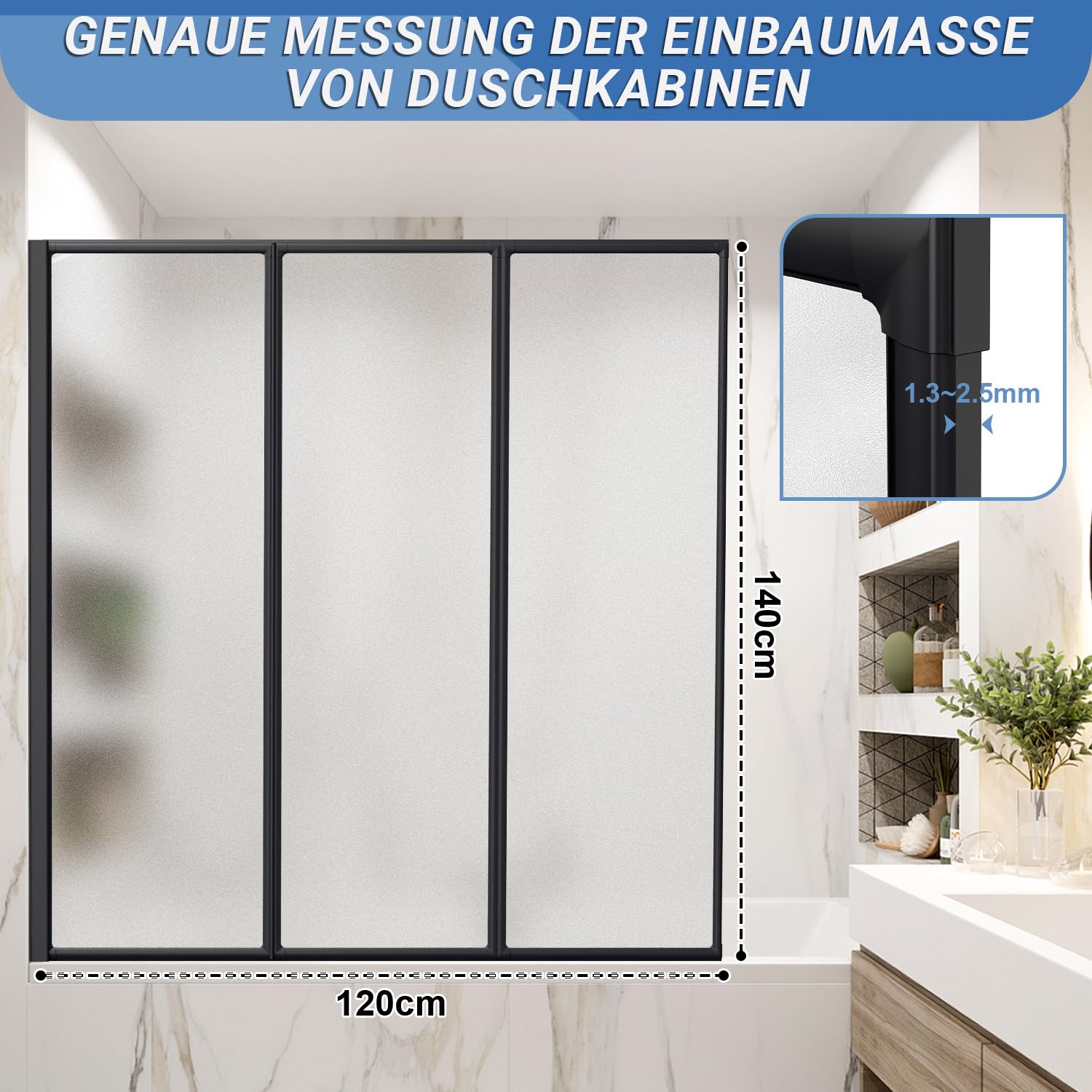 3-Teilig Badewannen Duschabtrennung 120x140cm,Matt-Schwarz Duschwand