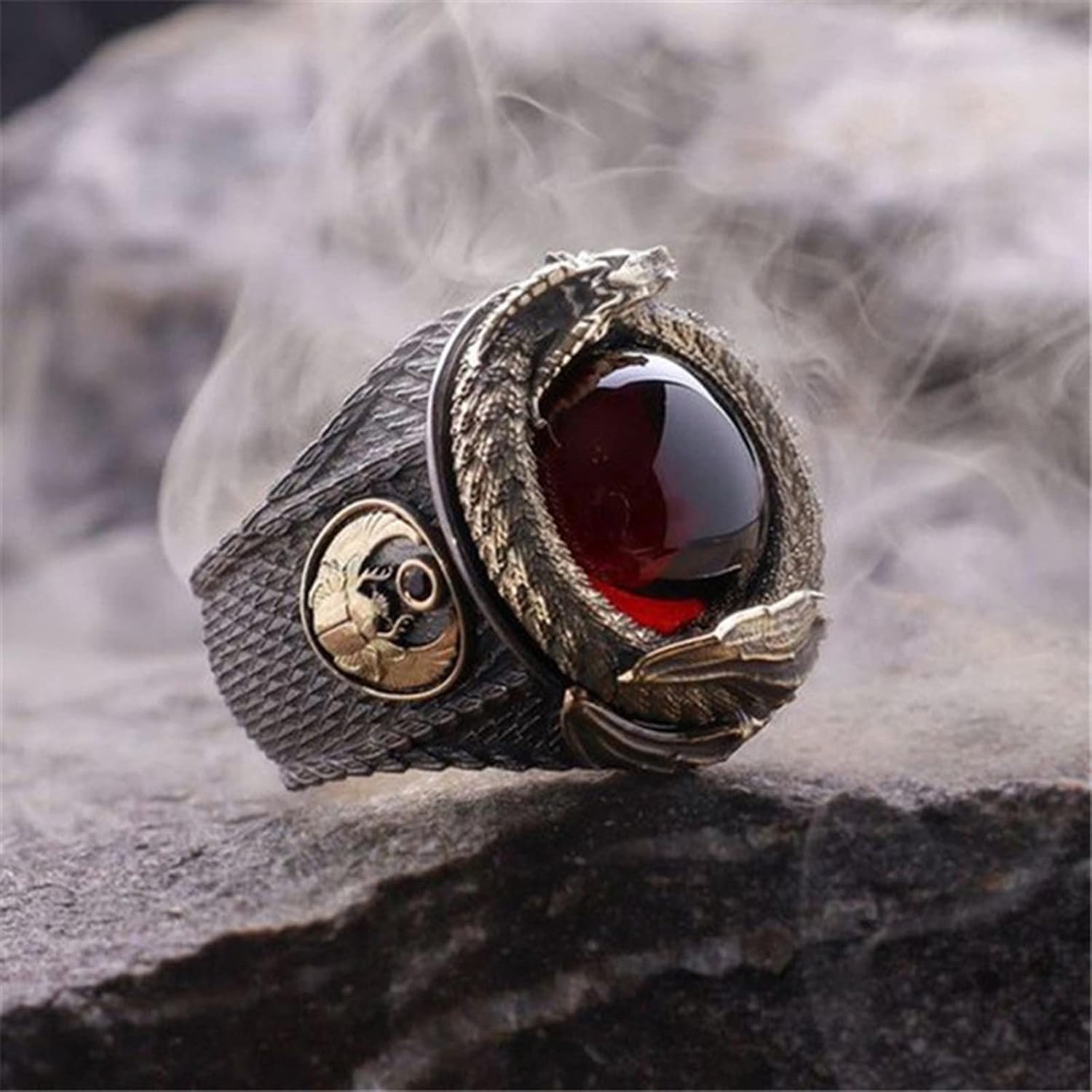 Two Tone Vintage Punk Dragon Red Stone Ring for Men, Gothic Dragon Totem Ring Iced Out Dragon Animal Ring for Boys (10) - Image 2