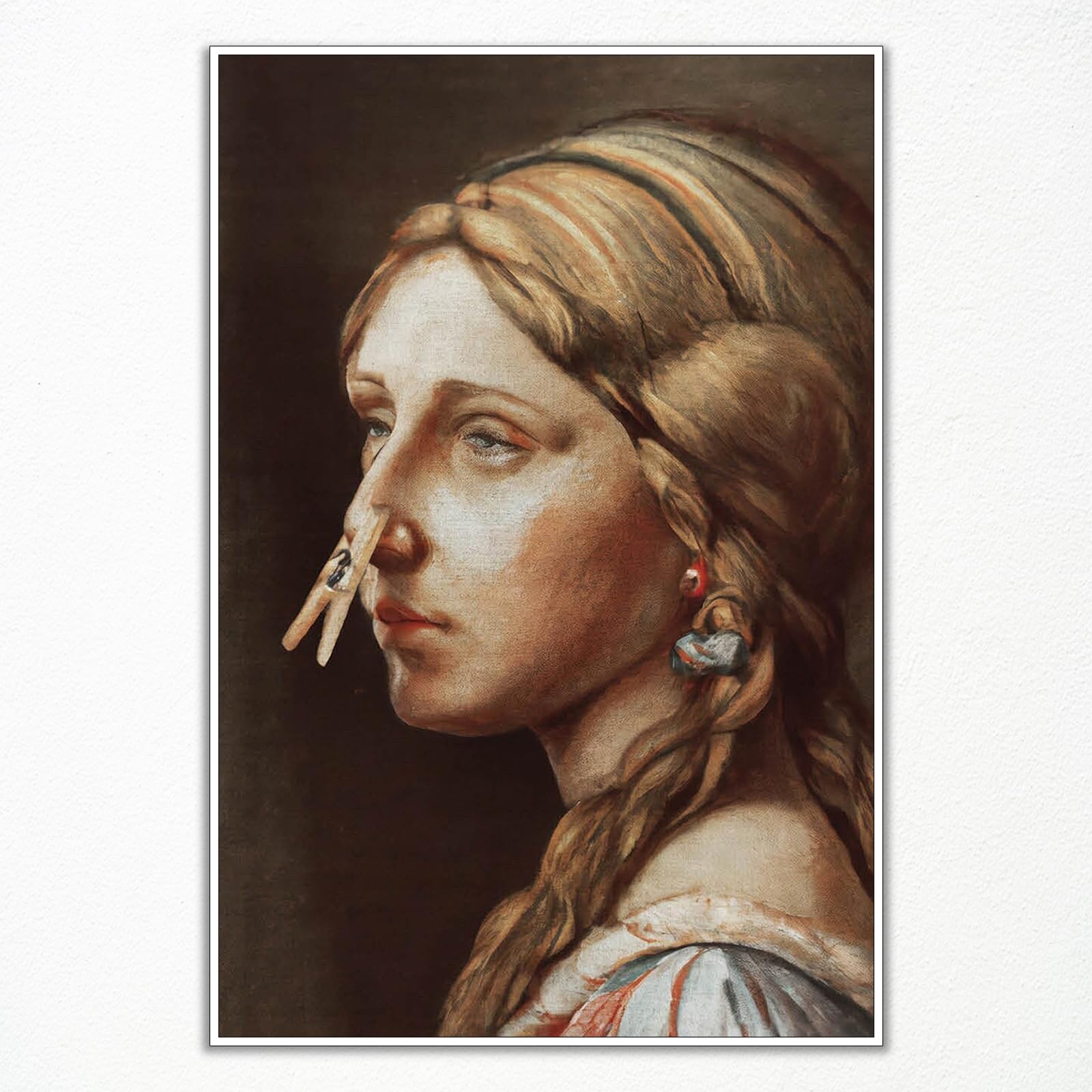 Classical Girl With Clothespin Painting Canvas Wall Art, Vintage Funny Bathroom Poster, Humor Amusing Toilet Art Prints