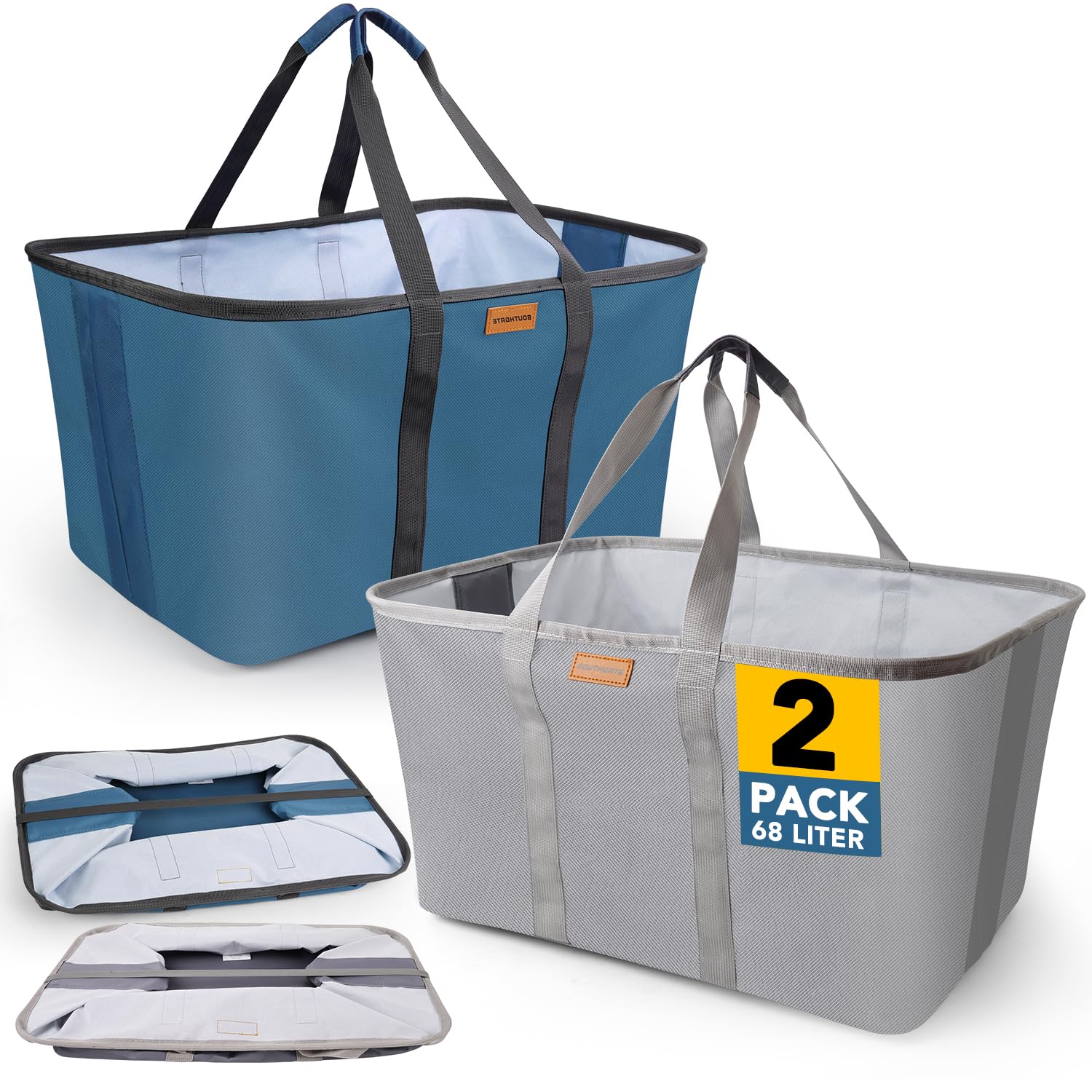 SOUTHGATE Faltbarer Wäschekorb 2er Set (Blau/Grau), je 68L, extra flach 2 cm, schnell zusammenklappbar, freistehend, 600D Oxford, abwischbares Innenfutter, Standfüße & Tragegriffe