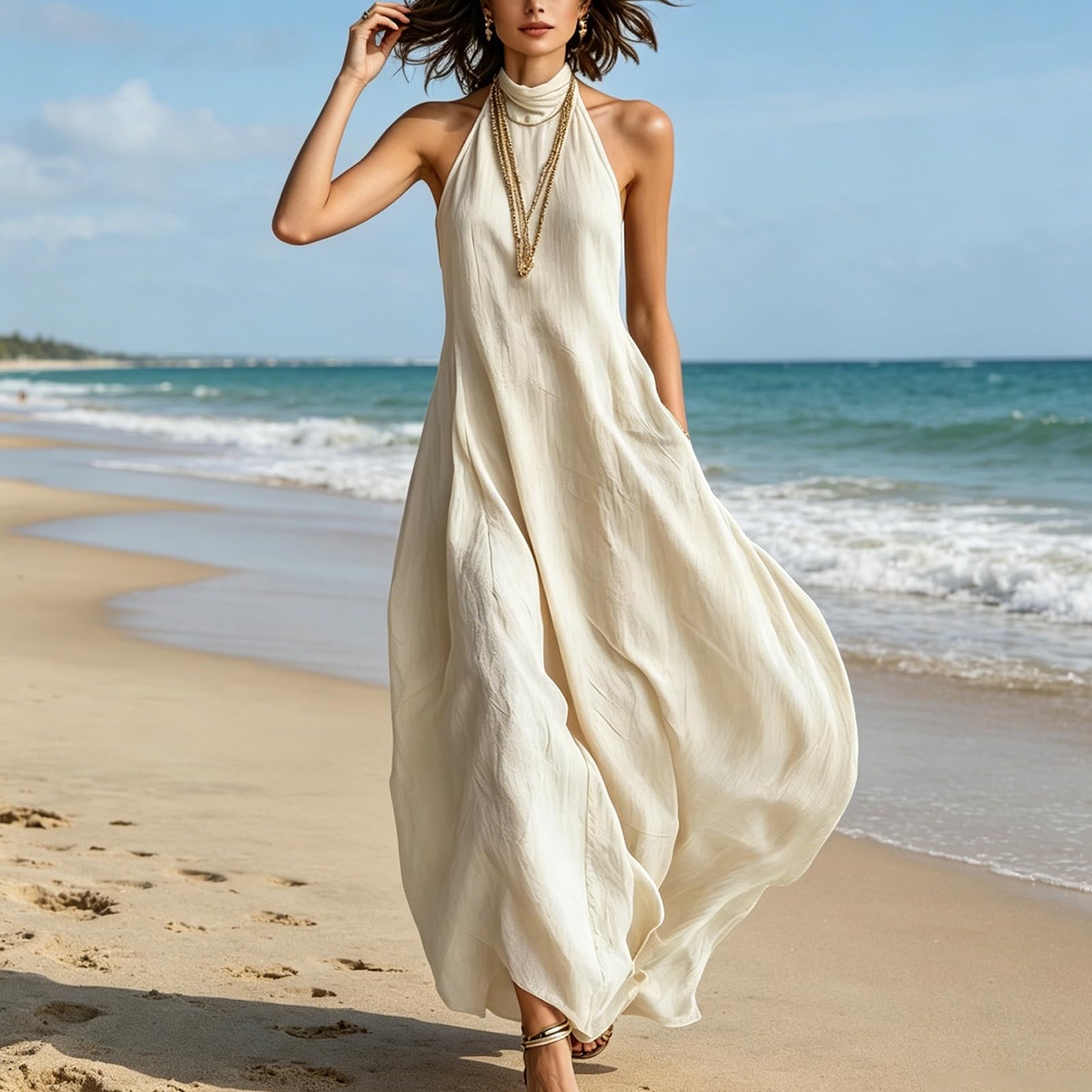Maxi abito estivo da donna con scollo all'americana, senza maniche, linea ad A, fluido, lungo, casual, per spiaggia, vacanze e tempo libero quotidiano