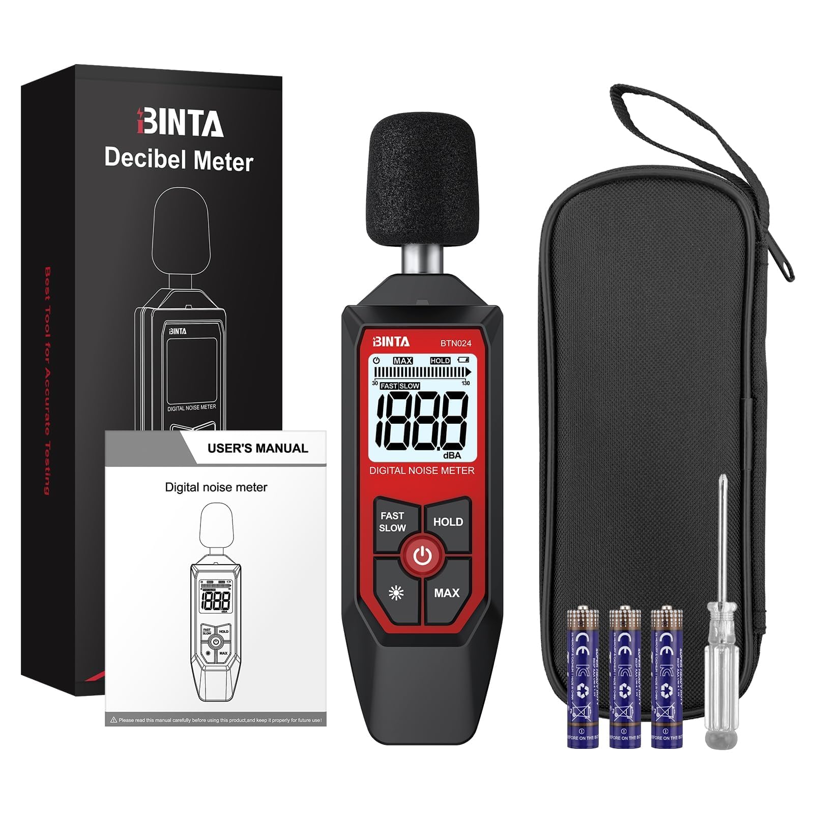 BTNTA Medidor de Decibelios, Medidor Digital de Nivel de Sonido 30-130dB A-Ponderado, Medidor SPL Portátil con Pantalla LCD Retroiluminada, para Casa Oficina Fábrica Vecinos