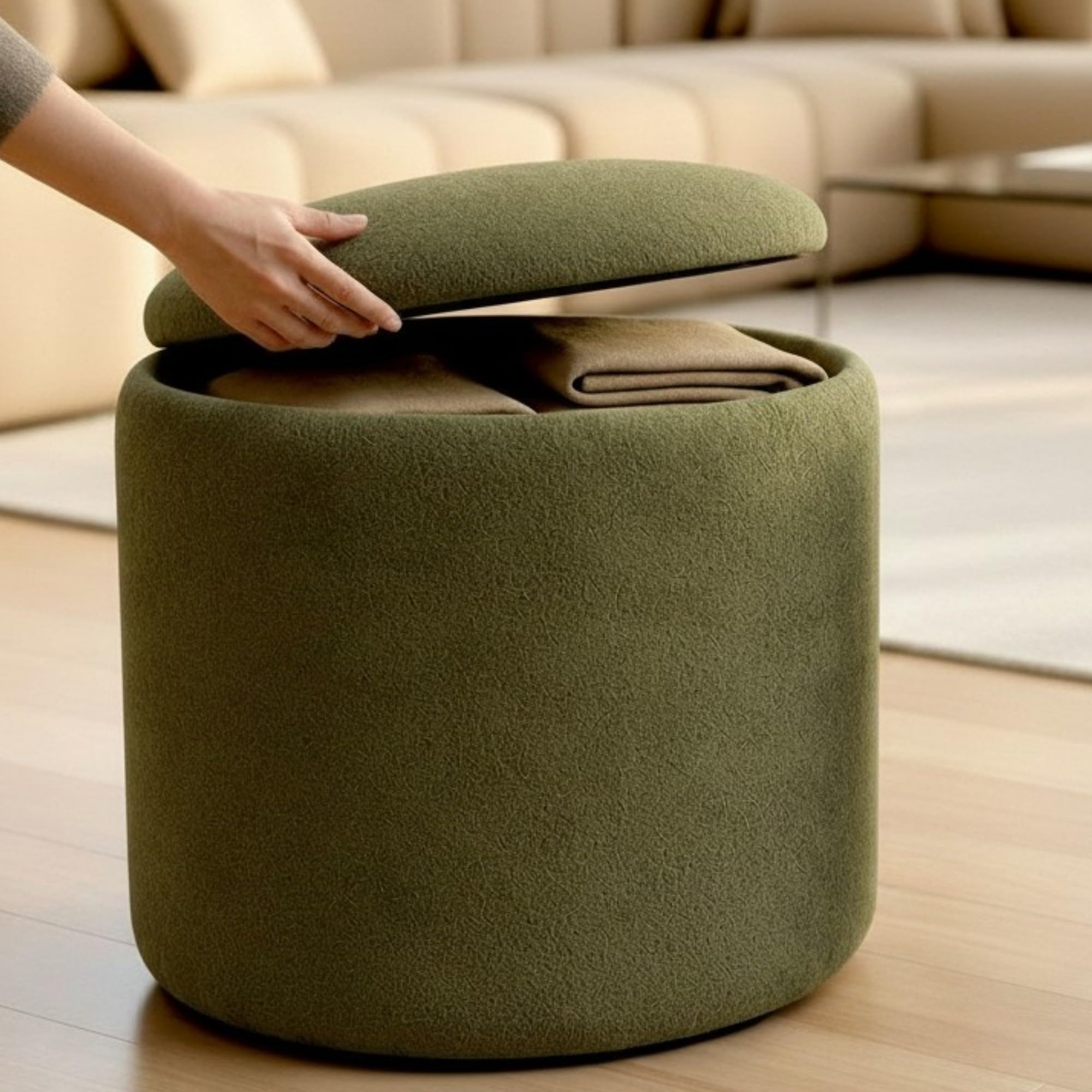 CORNER LIVING Storage Ottoman | Luxury Olive Boucle Fabric | 17 inch Height | Ottoman Stool For Living Room & Bedroom | Soft Fabric | Storage Pouffe | Footstool & Footrest | Multipurpose Furniture Decor-image-35
