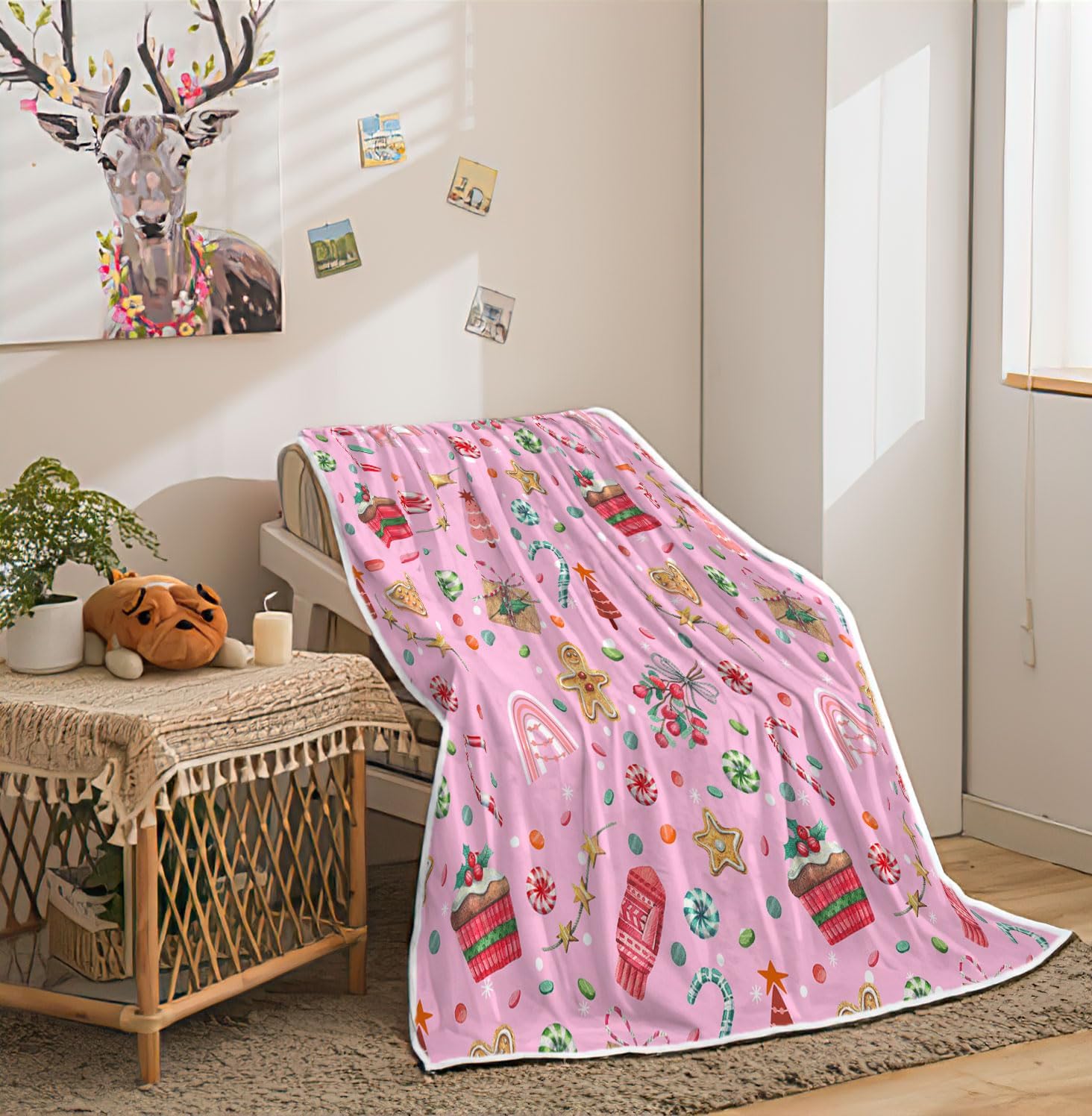 Pink Christmas Throw Blanket, Cute Colorful Holiday Soft Warm Cozy Plush Comfy Blanket for Couch Bed Sofa, Merry Christmas Candy Gingerbread Man Fleece Flannel Throws to Decorate Living Room Bedroom