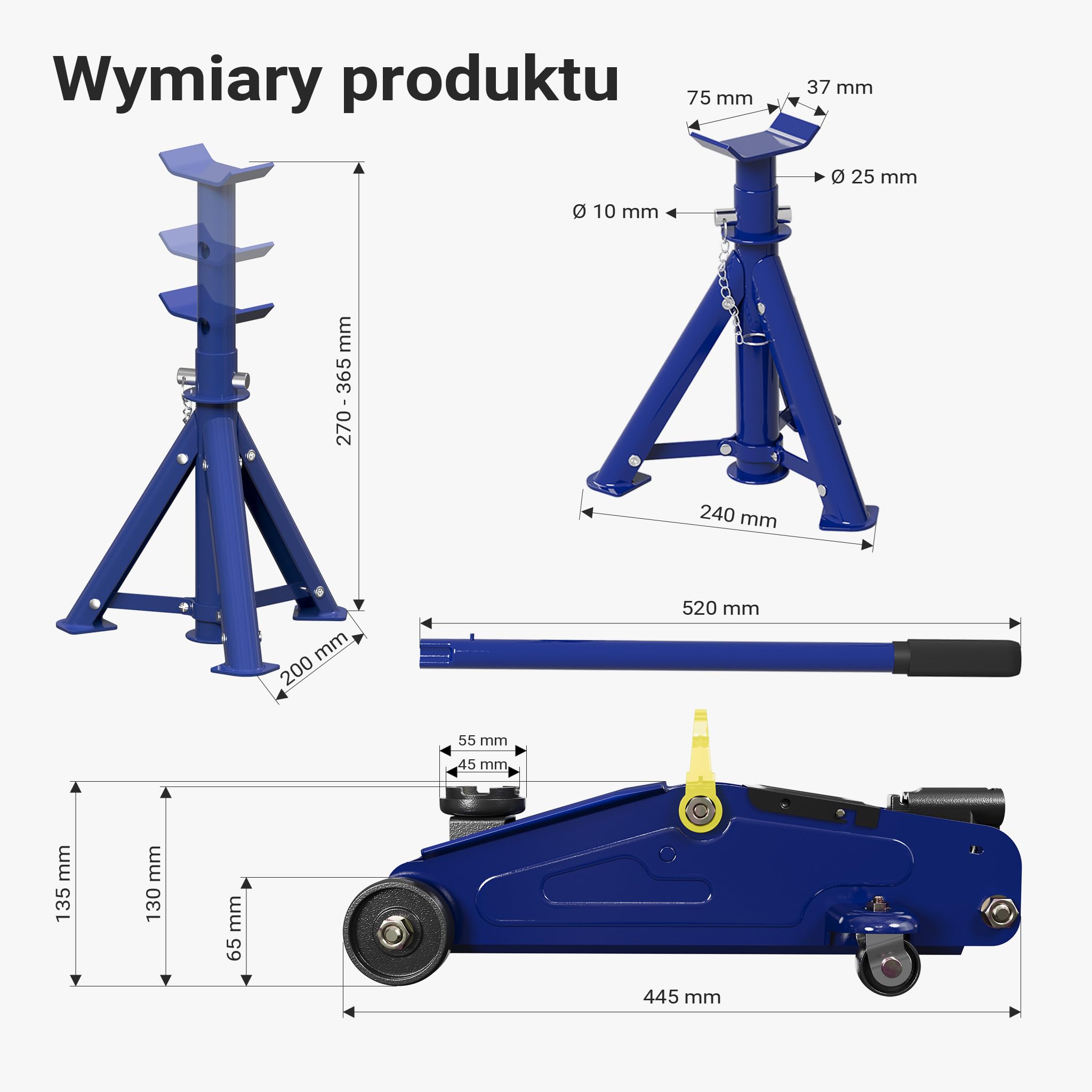 Wiltec zestaw podnośnik + 2 podpory, udźwig do 2 t, wysokość podnoszenia podnośnika 135-335 mm, wysokość robocza podpór 270-365 mm, podpory składane