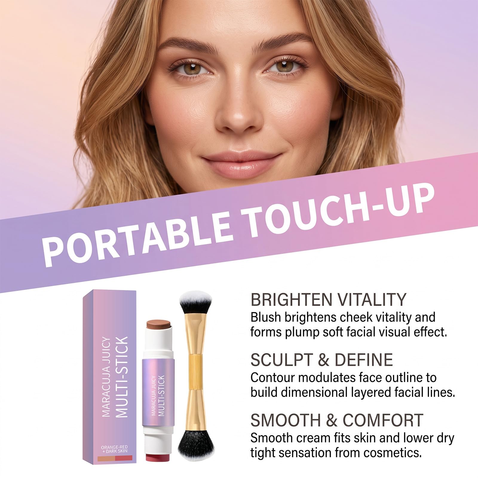 Bâton de blush crème -tenue longue durée, fini naturel et teinte rose nude. | Teinte PH-active – Fini mat longue tenue ，Effet 3D naturel contouring léger et un éclat subtil.Format nomade