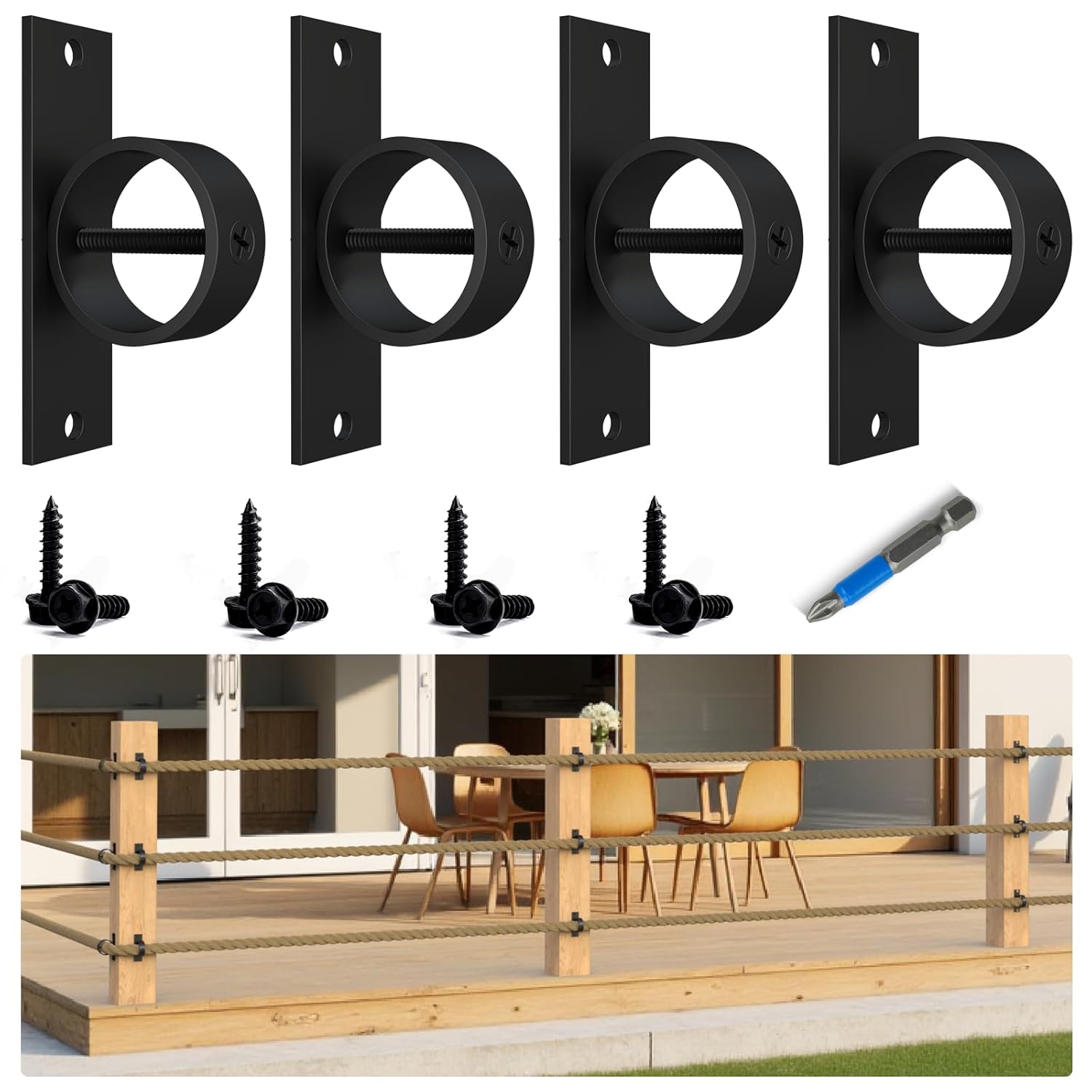 4 Packs 2inch Black Rope Support Holder with Cross Screw Securing Rope Drop Ring Brackets Stainless Steel Decorative for Hemp Rope Fencing Stair Deck Railing Ceiling Hook