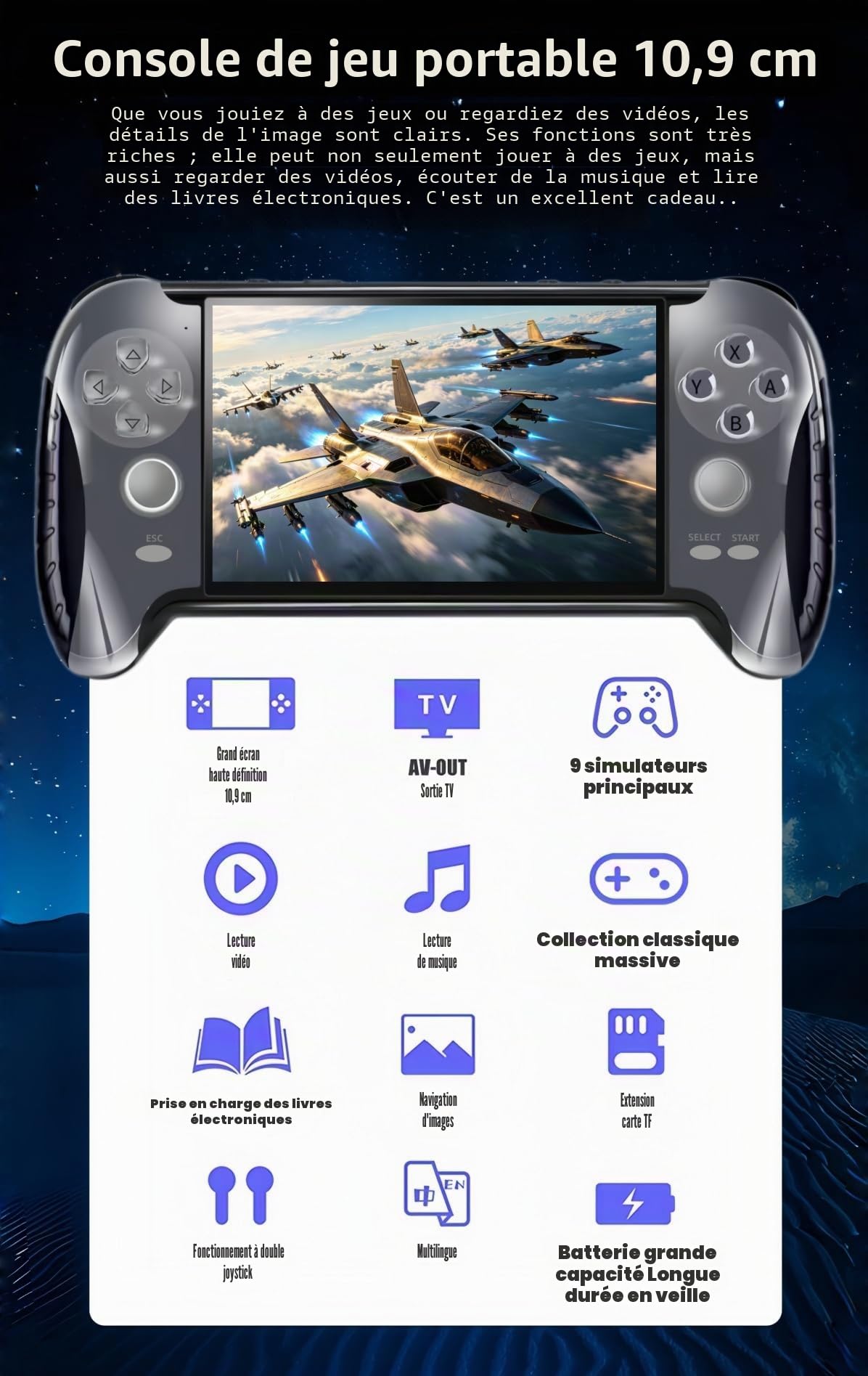 Console de jeu portable avec manette de jeu de 4,3 pouces - 4800 jeux rétro - Multiples émulateurs - Fonction de sauvegarde des jeux - Produit électronique portable pour enfants/amis