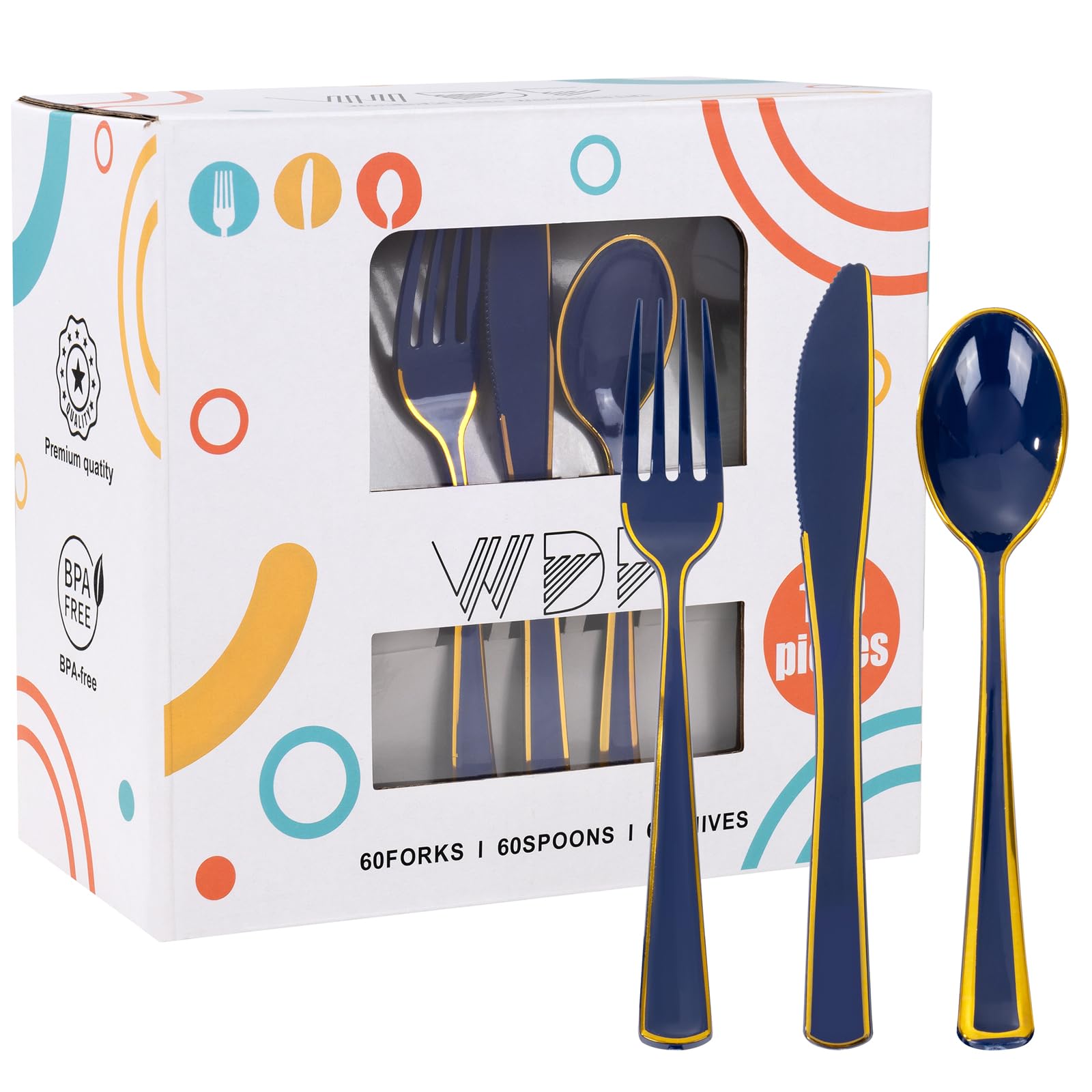 WDF 180PCS Blue Plastic Silverware -Blue and Gold Plastic Cutlery 60 Forks, 60 Knives, 60 Spoons - Heavy Duty Disposable Silverware for Party/Wedding