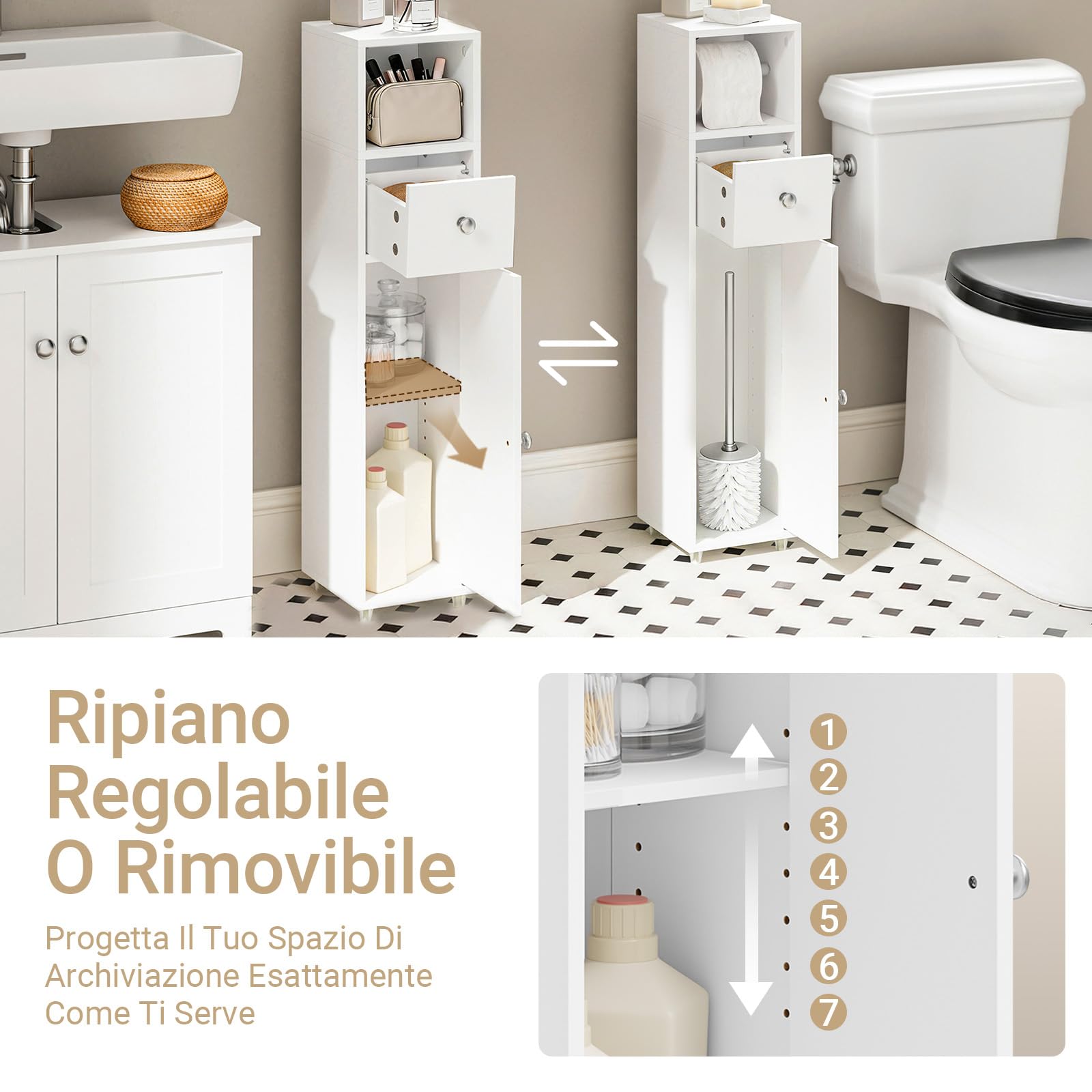 SoBuy Mobile Bagno Salvaspazio 20cm con Porta Carta Igienica per WC | Mobiletto Bagno Stretto e Cassetto Armadietto Bianco a Terra per Piccoli Spazi Cassettiera Sottile BZR219-W