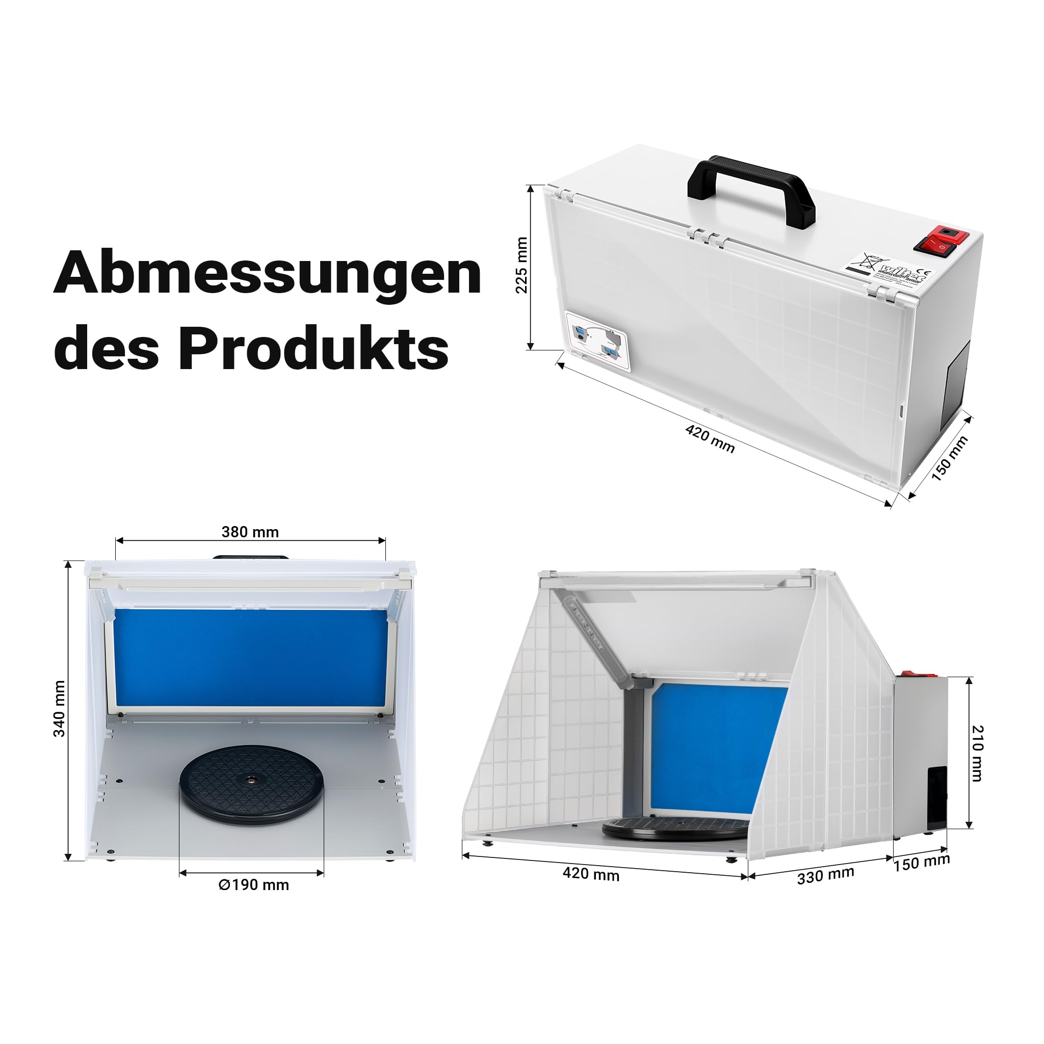 Wiltec Airbrush Absauganlage 4 m³/min, nur 47 dB, zur Absaugung von Farbe Farbnebel Sprühnebel, Filter erweiterbar, mit LED Beleuchtung, Lackierkabine für Airbrush-Arbeiten
