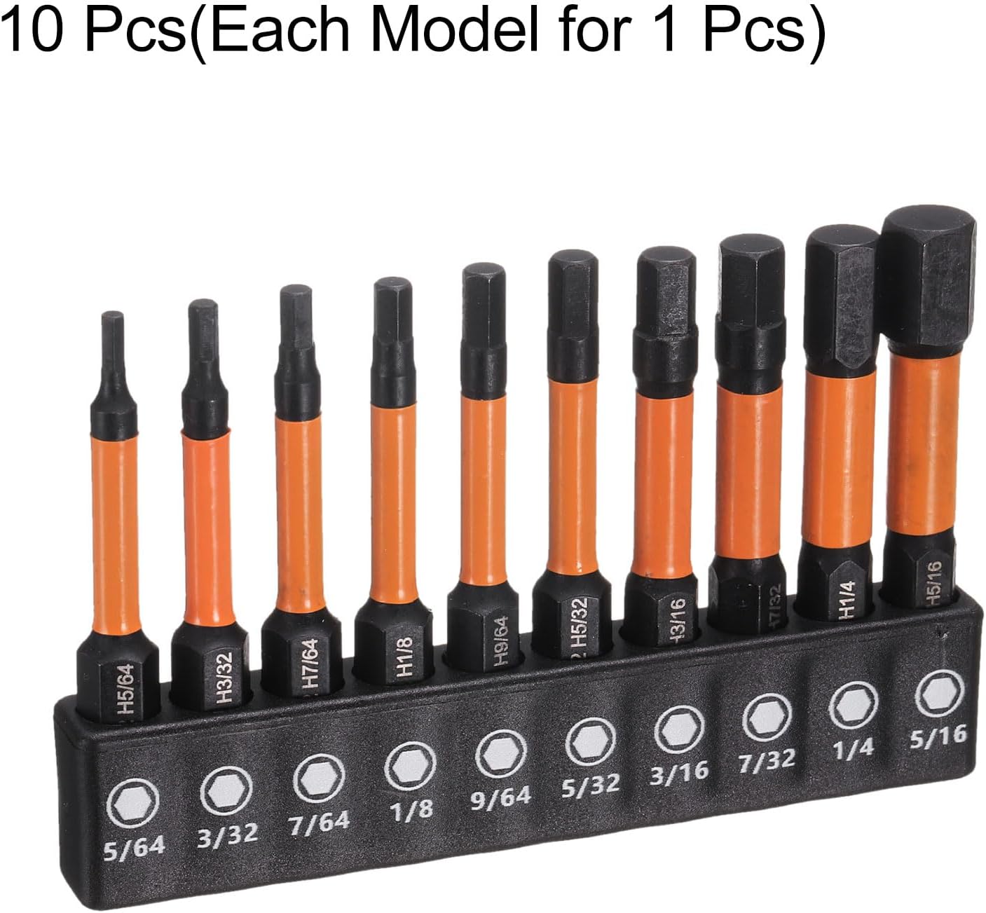 HARFINGTON 10pcs H5/64+H3/32+H7/64+H1/8+H9/64+H5/32+H3/16+H7/32+H1/4+H5/16 Hex Head Drill Bit Wrench Kit Flat Tip 1/4" Hex Shank 50mm (2") Long Magnetic Hexagonal Screw Driver Socket