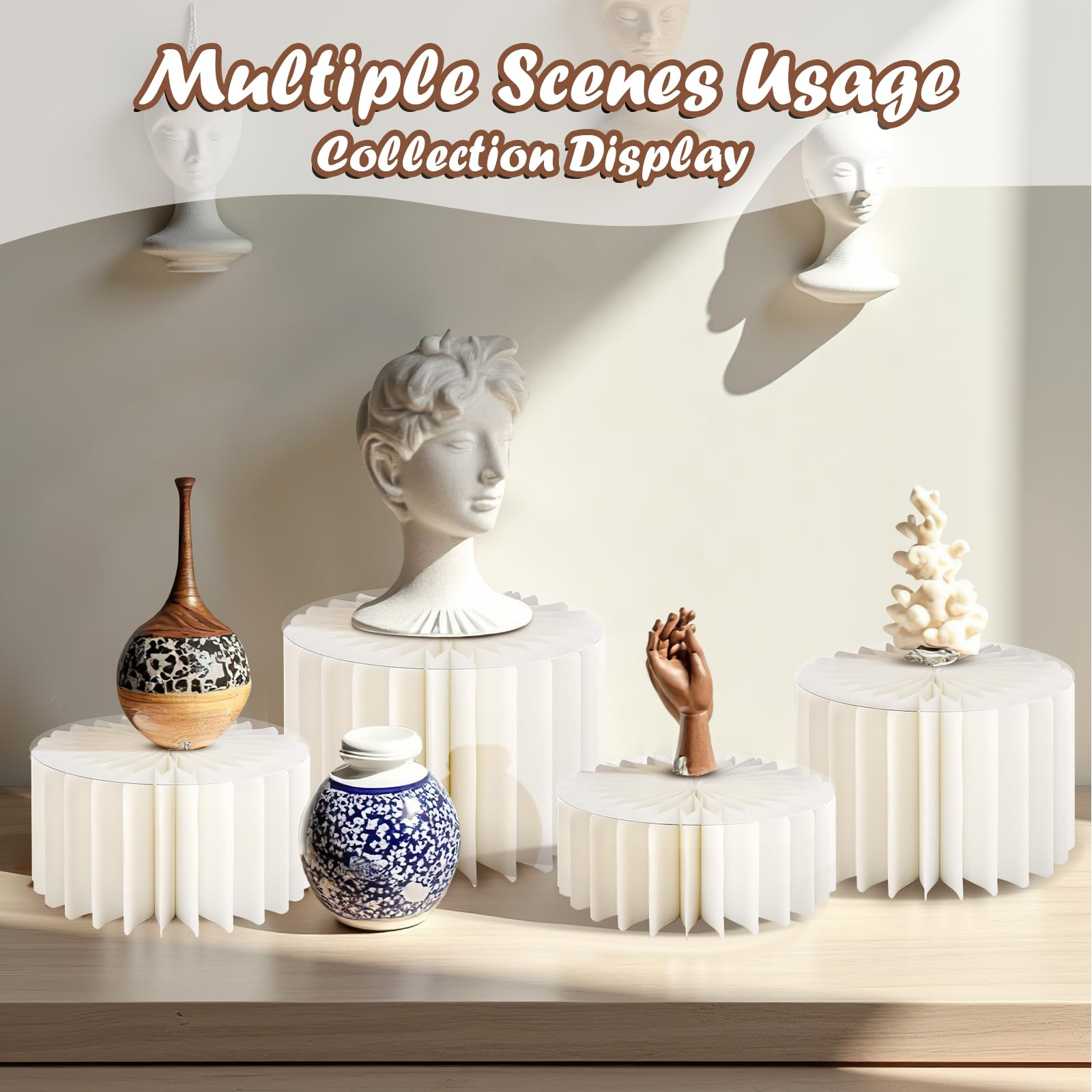 Lot de 6 rehausseurs de buffet en papier blanc avec cartes de présentation, assiettes en acrylique, présentoirs pliables pour fête, mariage, anniversaire (4 tailles)