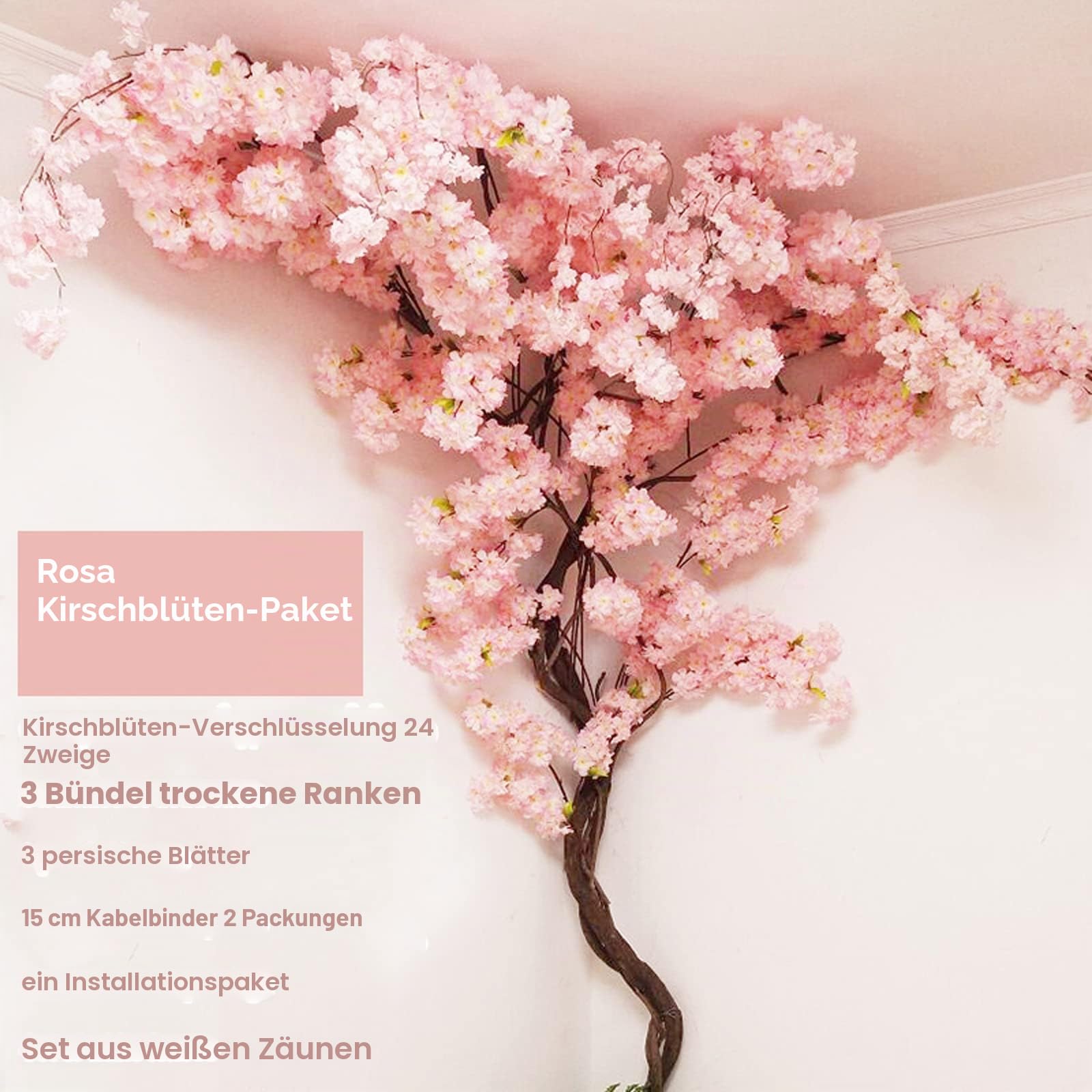 Künstliche Kirschblütenbäume – Atemberaubende künstliche Blumen-Hintergrundwände für Innenhochzeiten mit simuliertem Pfirsichzweig und Rattan-Design – perfekt für Decke oder