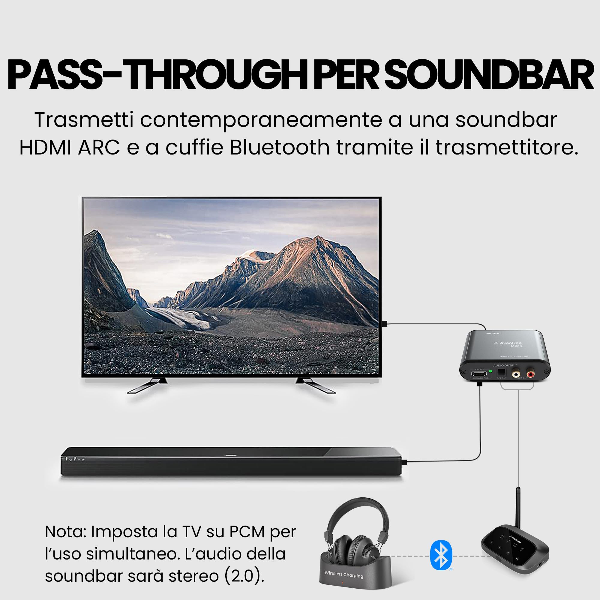 Avantree HAX06 – Estrattore audio HDMI ARC con passthrough per uso simultaneo con TV, soundbar e cuffie, uscite ottiche e RCA