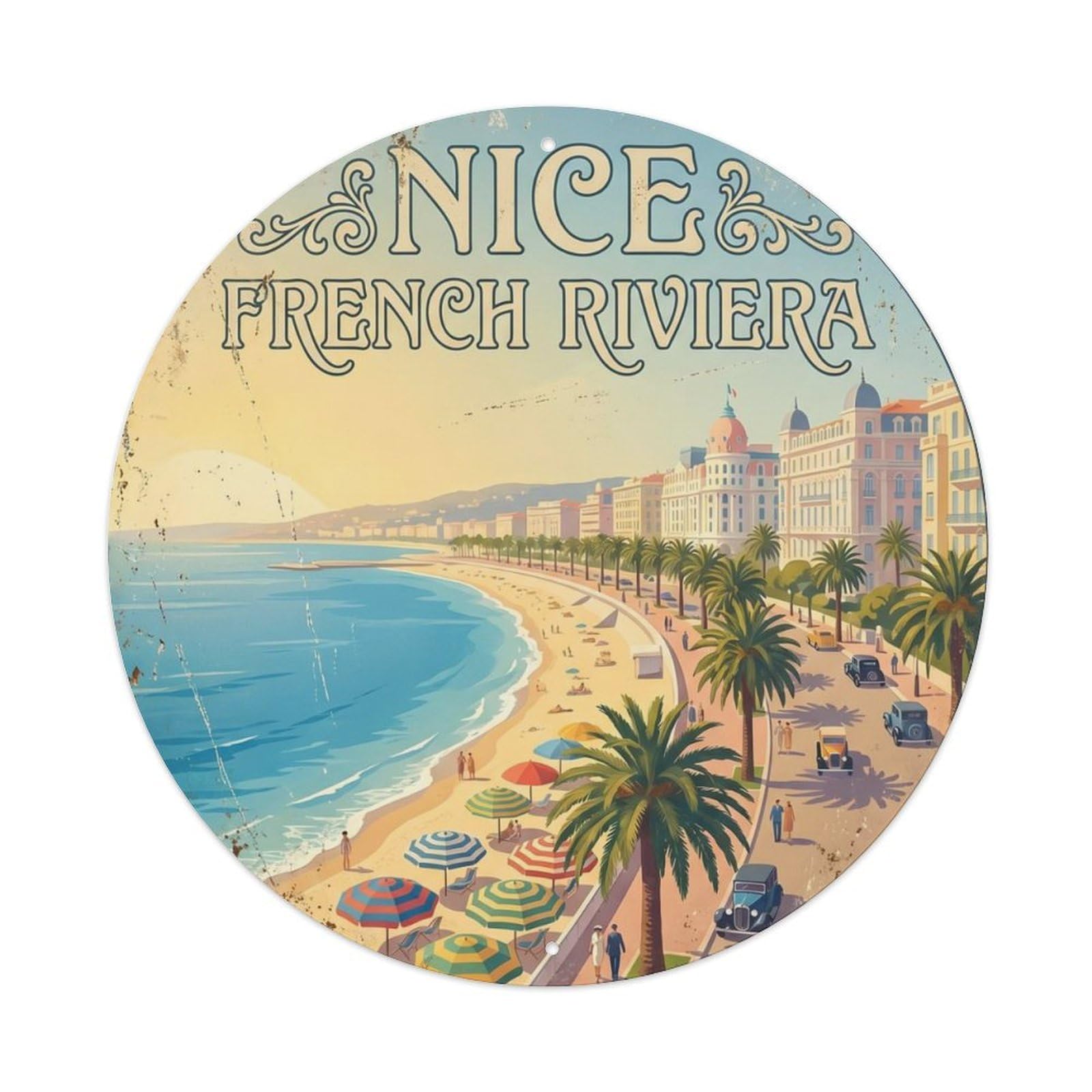 Vintage Travel Nice Riviera Beach Metal Tin Sign Plaque Wall Decor for Cafe, Club Bar, Office, Home Garden Round Metal Poster 8x8Inch