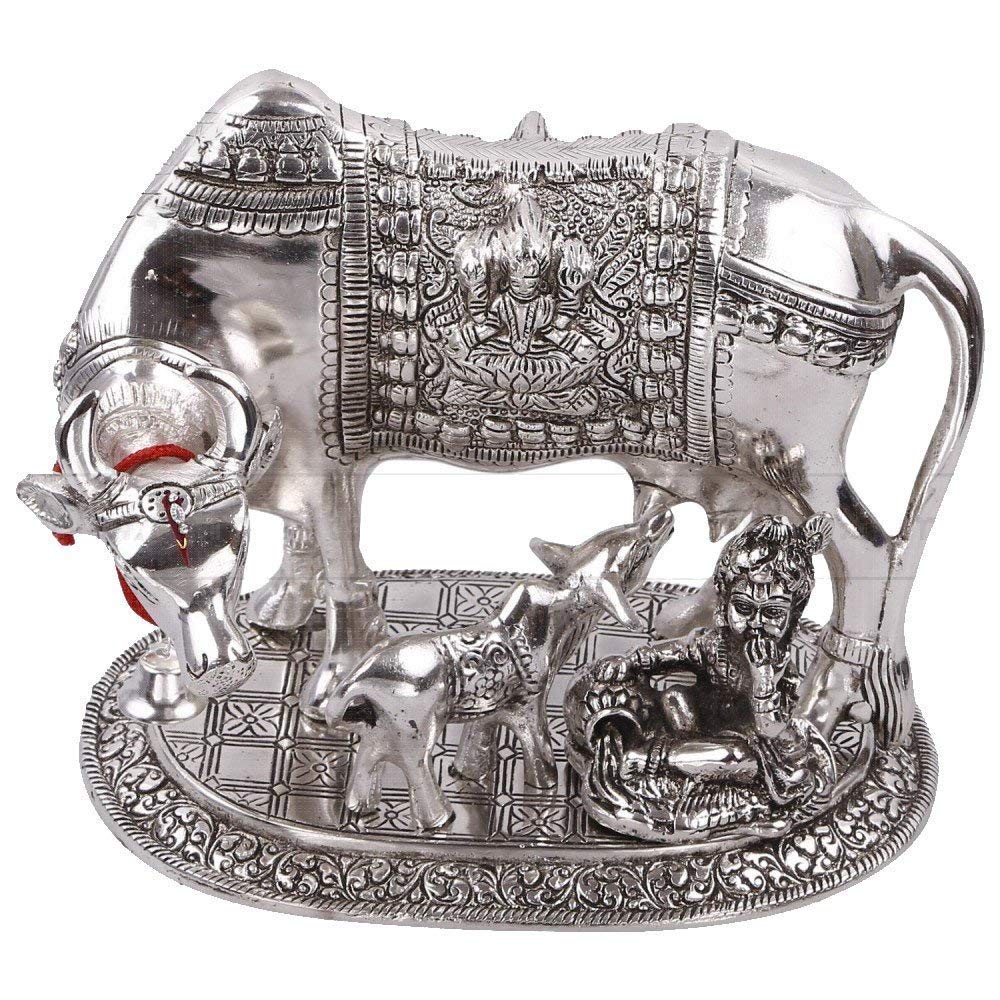 Statue Krishna et vache sacrée Kamdhenu en métal ciselé haut de gamme