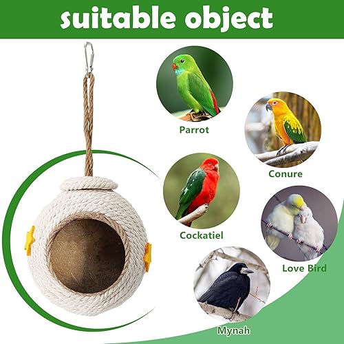 Vista 13 de Tfwadmx Casa colgante para pájaros con escalera, fibra de coco natural, nido de pájaros, conchas de coco, escondite, agapornís, columpio, juguetes