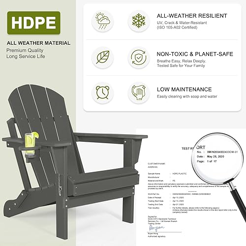 Miniatura 4 de ABCPATIO Silla plegable Adirondack para exteriores, resistente a la intemperie, con portavasos, ancho de asiento de 20 pulgadas, gris oscuro