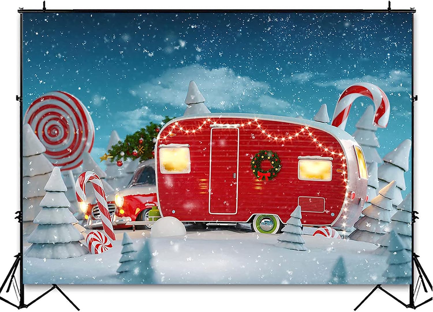 Avezano Christmas Camper Photography Backdrop Xmas Holiday Party Decorations Winter Snow Santa Background for Photoshoot Children Newborn Baby Portrait Photo Booth Props (7x5ft)