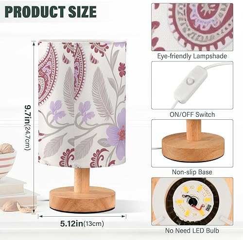Miniatura 3 de Boho Paisley Flor Pájaro Baya Base Rojo Blanco Lámpara de Mesa de Noche Luz para Lámparas de Granja para Espacios Pequeños Retro Lampara led para