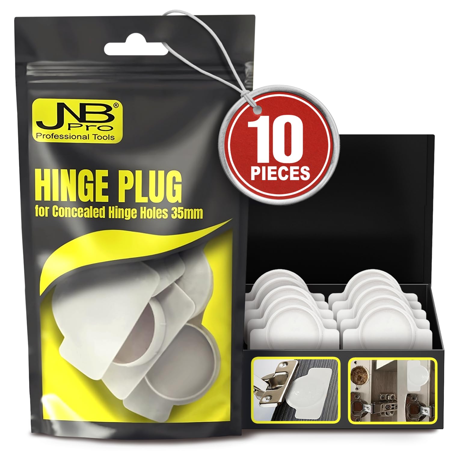 JNB Pro Hinge Plug 10pcs, 35mm - Strong Cover for Wood Holes, Door Cabinet Hole Covers, Conceal,Durable Cabinet Repair Kit for Wood Working Projects, White Color