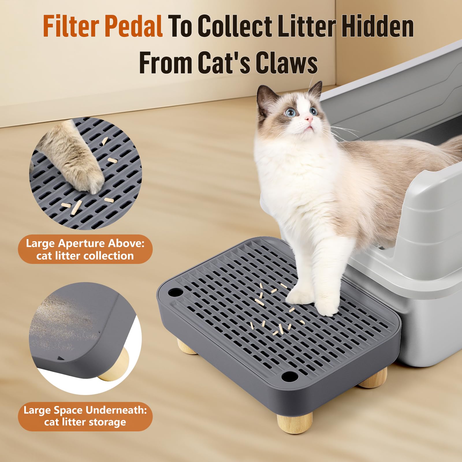 Erhöhte Katzenklo-Rampe, Katzentreppe mit Holzfüßen, Katzenstreu-Filterpedal für automatische selbstreinigende Roboter-Katzentoilette, ideal für Kätzchen und ältere Katzen(Dunkelgrau)