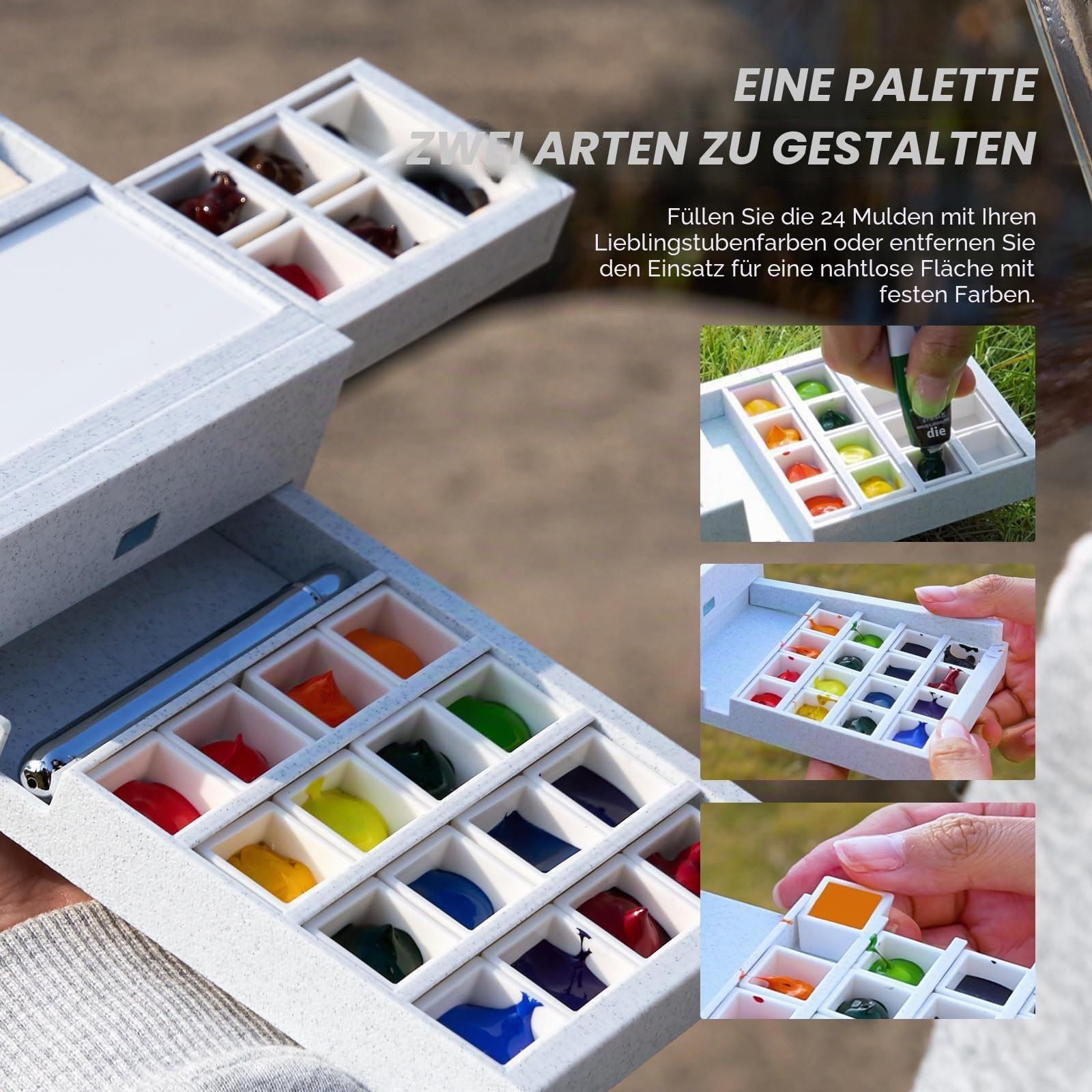 LIGHTWISH Reise-Wasserfarben-Palette-Box, ultra-tragbares All-in-One Set, 2 Keramik-Mischpaletten, 24 entfernbare Farbkammern, universelle Halterungsschnittstelle, Plein-Aire-Set