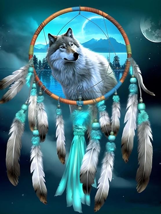 Donnti DIY Diamond Painting Kits Loup Attrapeur De Rêves, Broderie Diamant Painting Kits Animaux, Point De Croix Canevas Diamant Kit Complet Decor