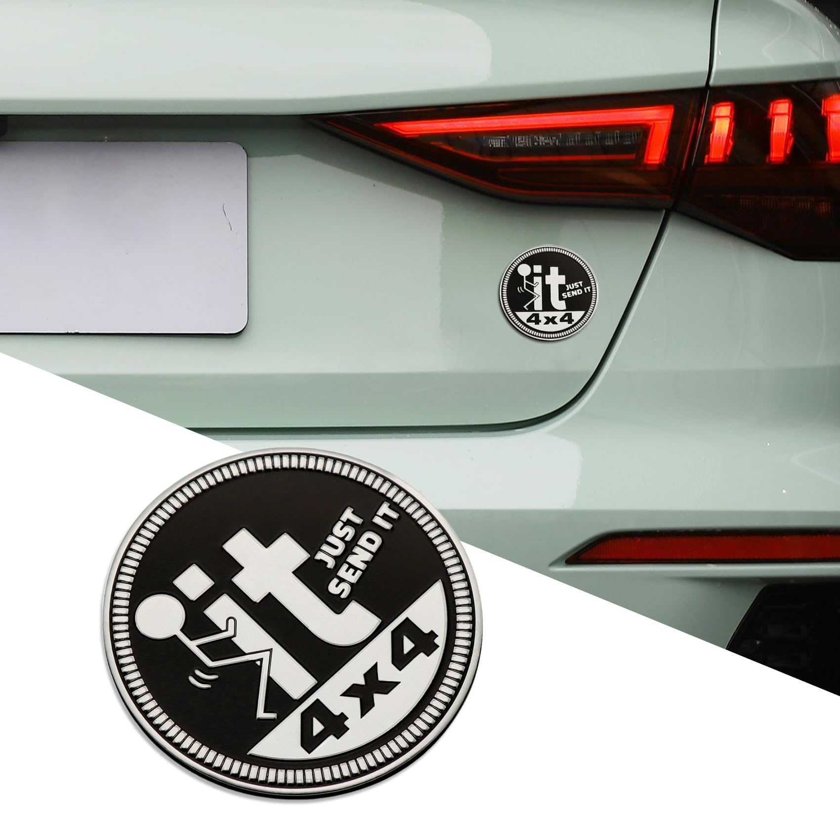 3D Metal Car Badges Emblems, Just Send It Emblem, 4 x 4 Automotive Badge, Round Emblem Decals, Exterior Emblems Badge Compatible with Jeep Wrangler Vehicles Trucks SUV