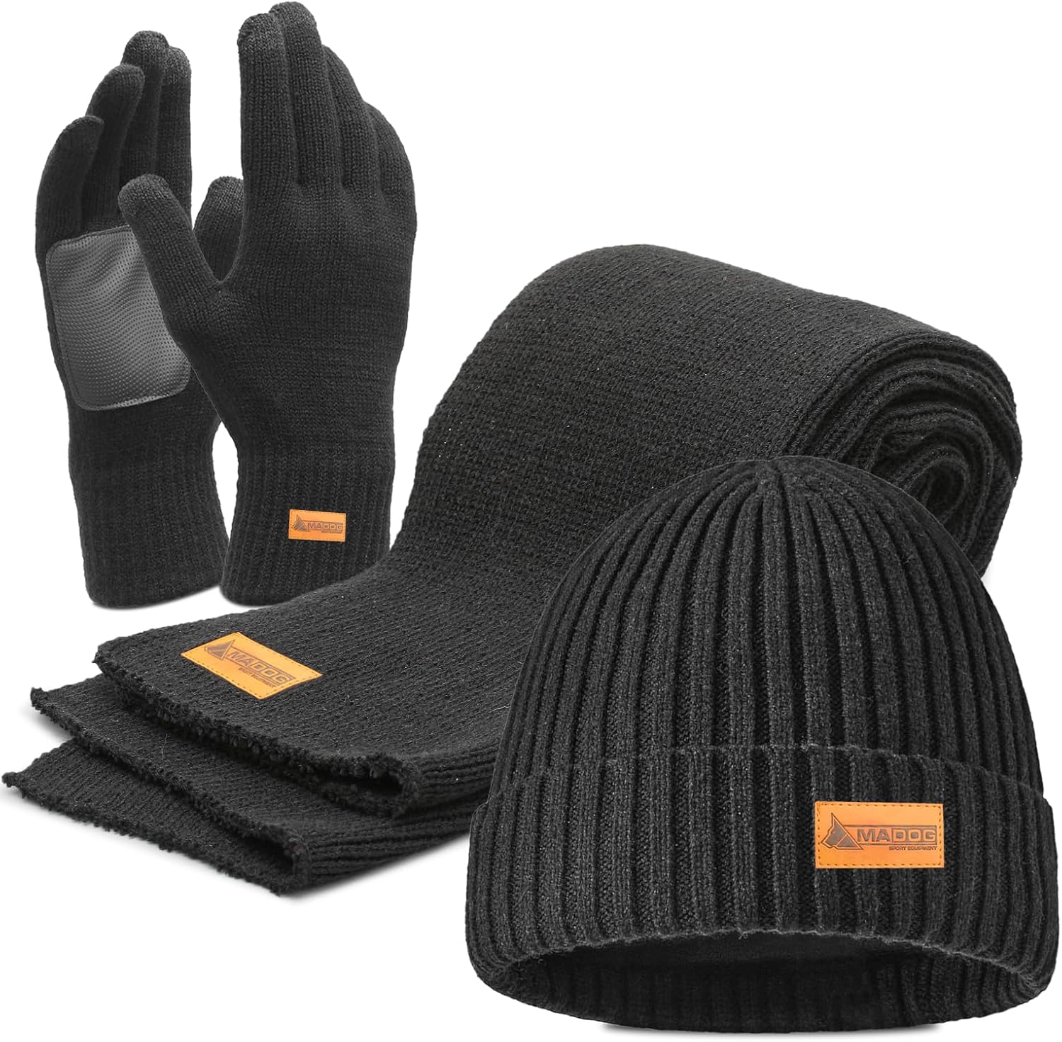 MADOG Winter Warm Knit Synthetic Wool Beanie Hat Scarf Touchscreen Gloves Set Long Neck Scarf Set with Fleece Lined Skull Caps Gifts for Women Men (Black)