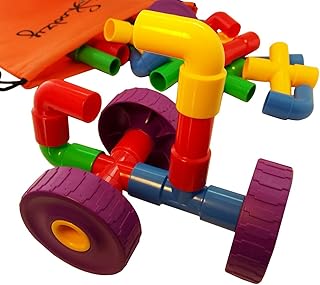 Skoolzy STEM Learning Pipe Tube 29 Piece Toys_and_Games Set, Educational Construction Building Blocks for ADHD & Autism for Baby, Kid Includes Wheels Pipes Joints and eBook