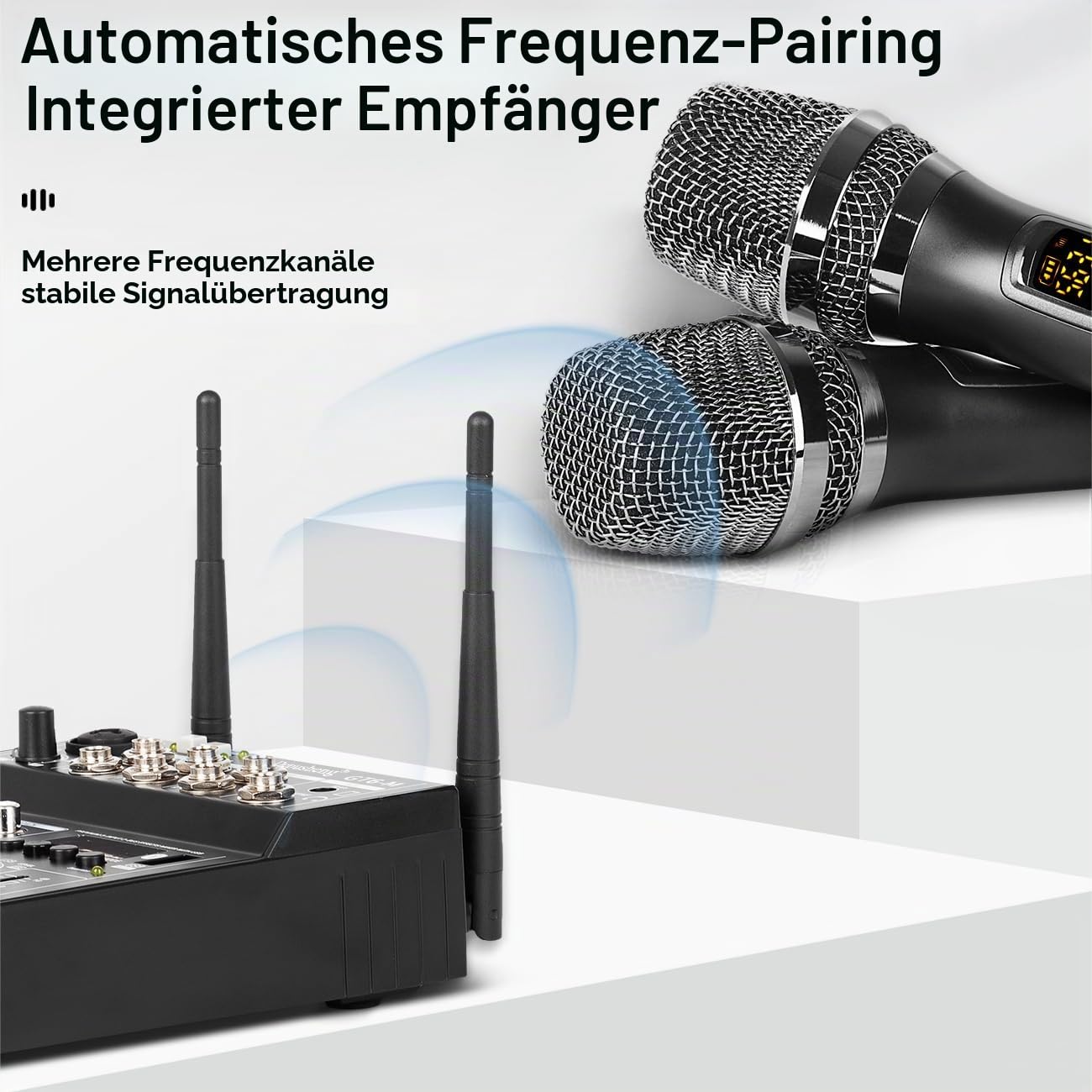 Depusheng GT6-M Audio-Mixer, 6-Kanal-Soundkonsole mit zwei drahtlosen Mikrofonen, Soundboard-Konsole Bluetooth-USB-DJ-Mixing für Karaoke-Party-Computer-Studio